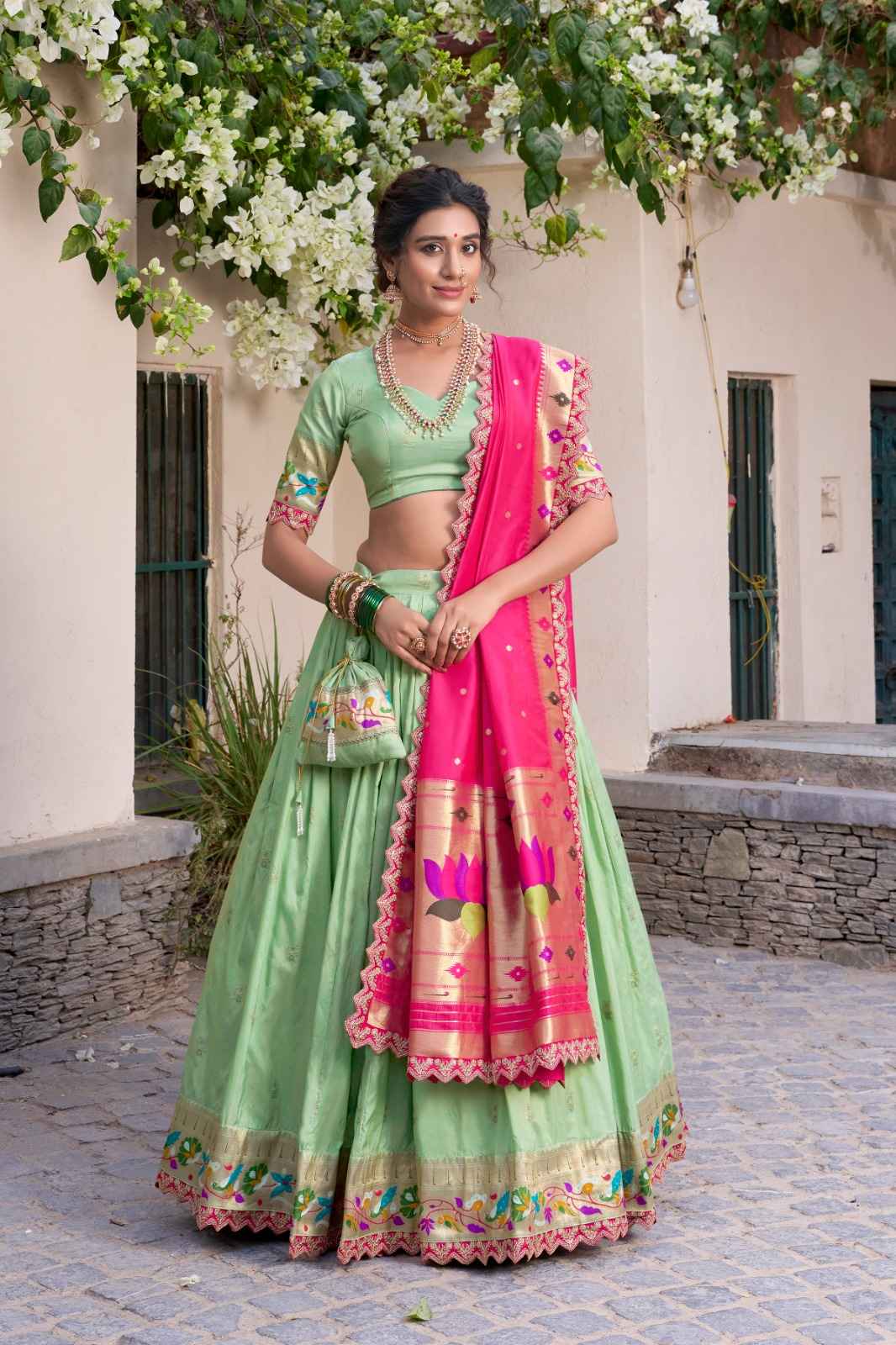 JACQUARD SILK ZARI WEAVING WORK WITH SEQUINS LEHENGA CHOLI AT WHOLESALE PRICE