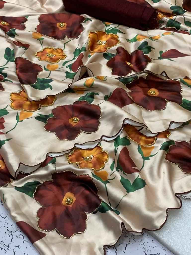 JAPAN SATIN SILK FLORAL PRINTED HANDWORK SAREE AT WHOLESALE PRICE