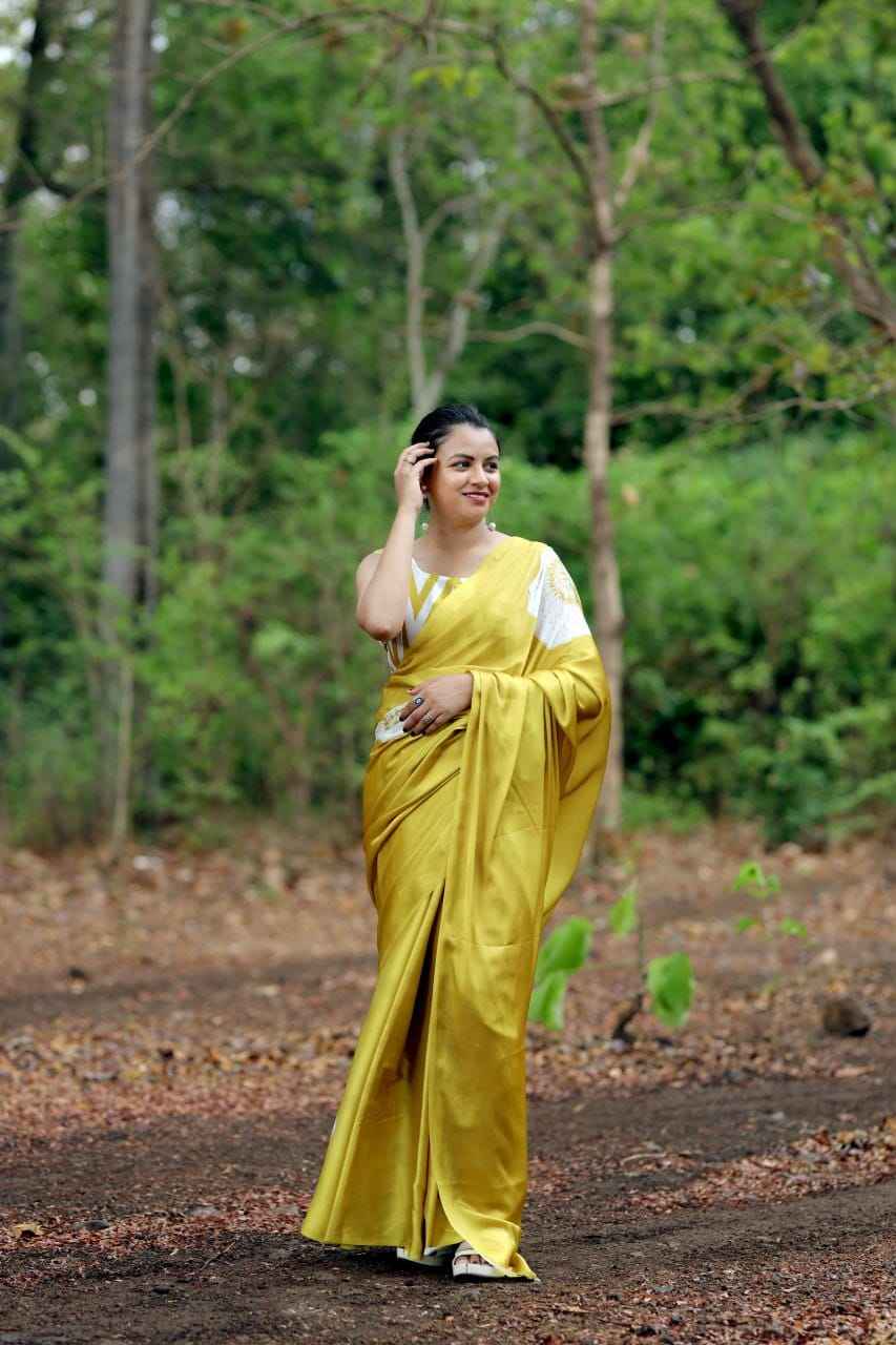 JAPAN SATIN  DIGITAL PRINTED YELLOW COLOR SAREE AT WHOLESALE PRICE