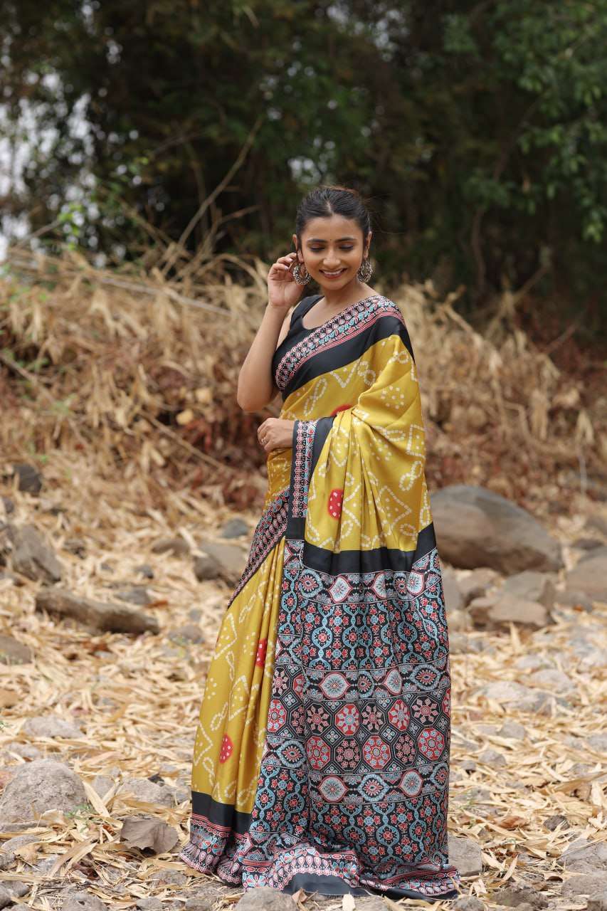 JAPAN SATIN  DIGITAL PRINTED YELLOW COLOR SAREE AT WHOLESALE PRICE