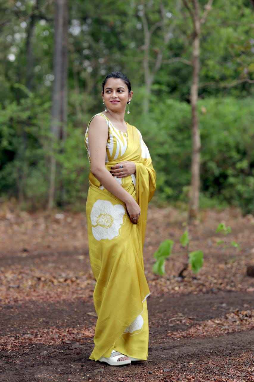 JAPAN SATIN  DIGITAL PRINTED YELLOW COLOR SAREE AT WHOLESALE PRICE