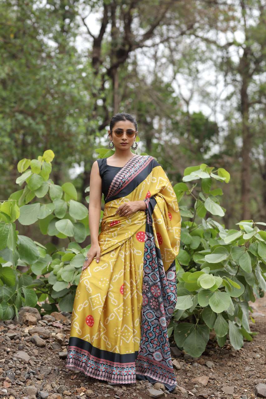 JAPAN SATIN  DIGITAL PRINTED YELLOW COLOR SAREE AT WHOLESALE PRICE