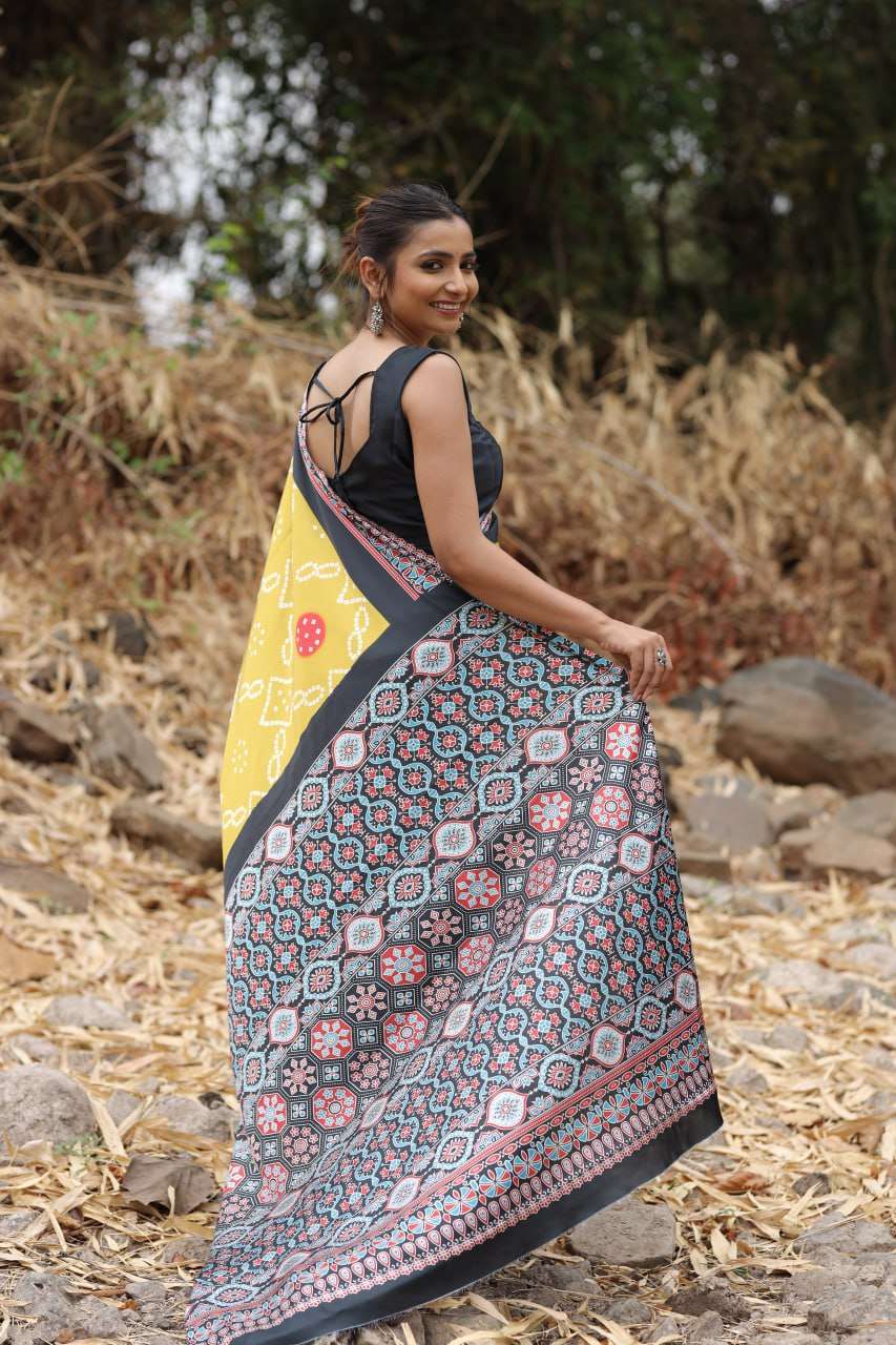 JAPAN SATIN  DIGITAL PRINTED YELLOW COLOR SAREE AT WHOLESALE PRICE