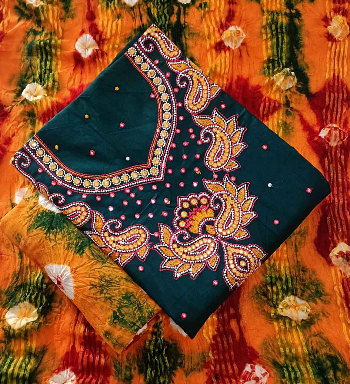 JLF PRACHI EDITION-1 REYON BANDHANI WITH MIRROR WORK DRESS MATERIAL AT WHOLESALE PRICE