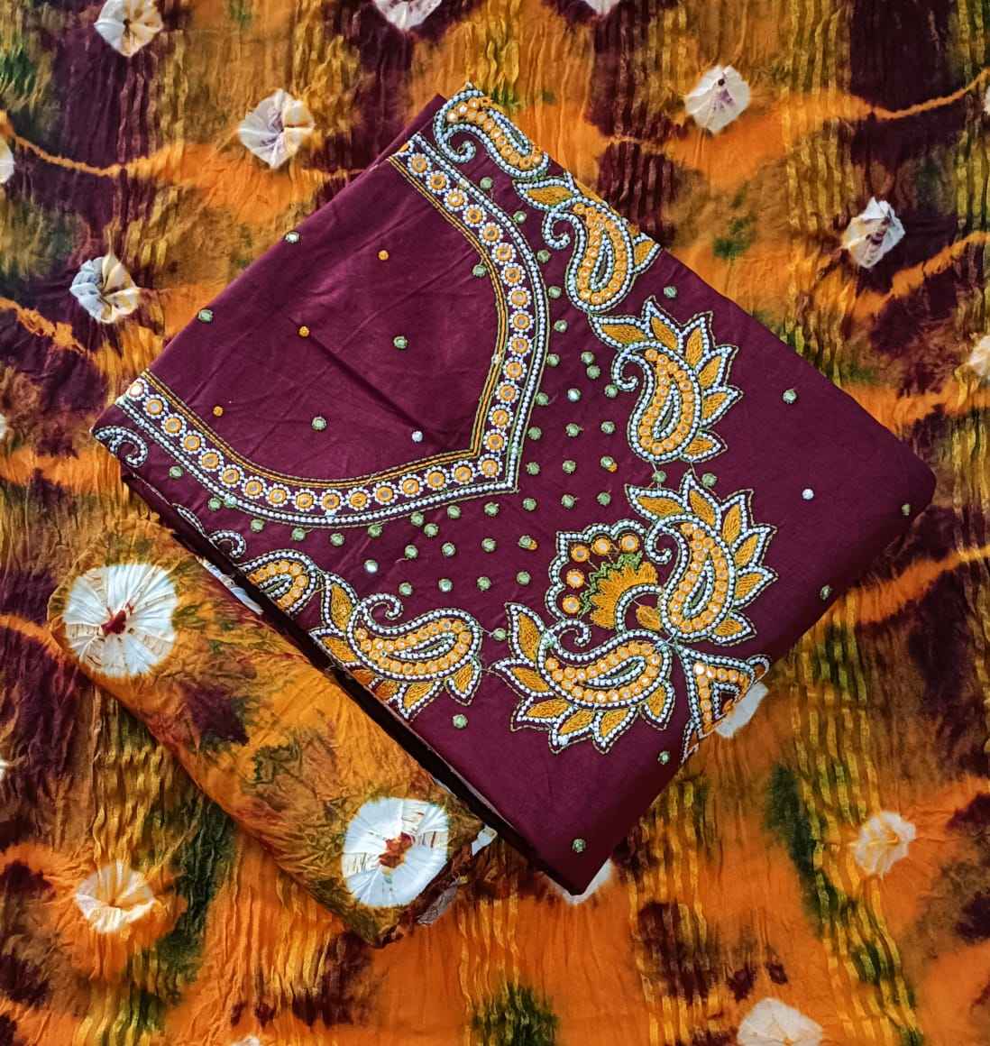 JLF PRACHI EDITION-1 REYON BANDHANI WITH MIRROR WORK DRESS MATERIAL AT WHOLESALE PRICE