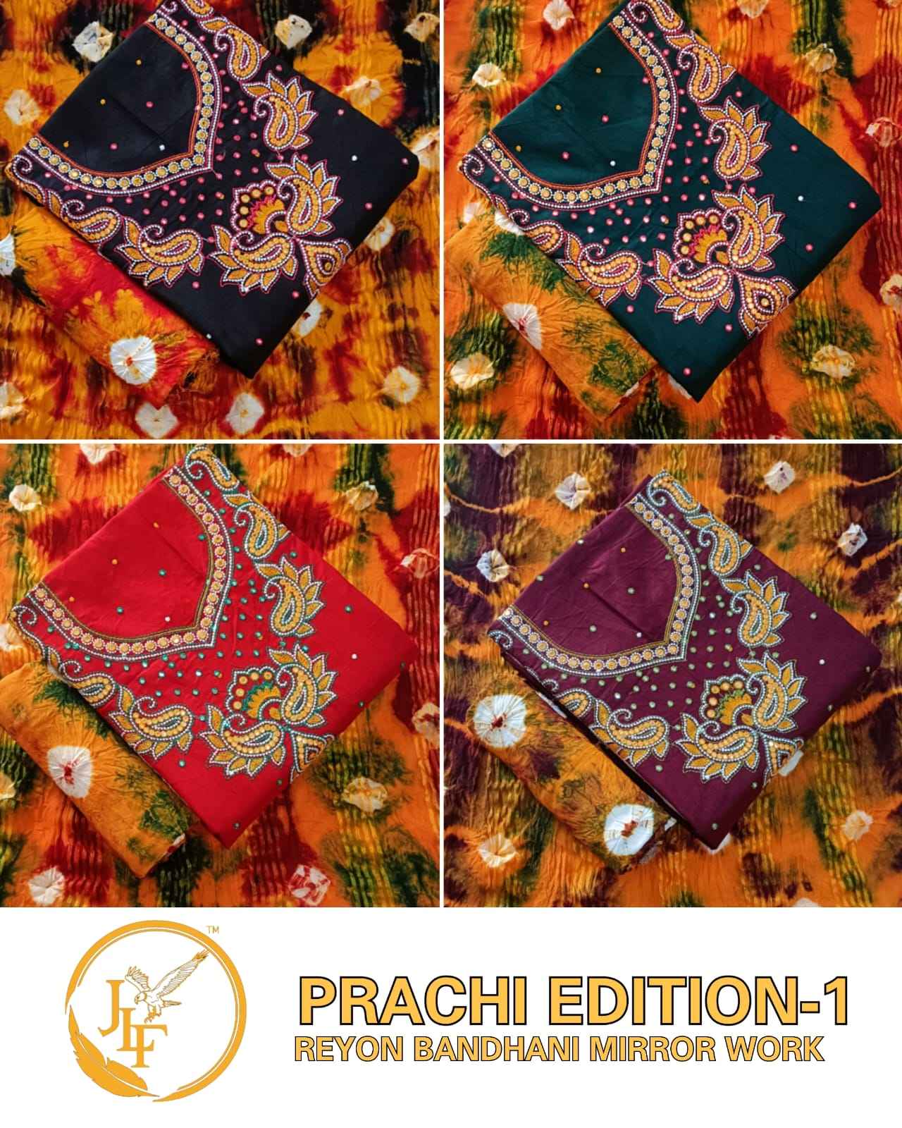 JLF PRACHI EDITION-1 REYON BANDHANI WITH MIRROR WORK DRESS MATERIAL AT WHOLESALE PRICE
