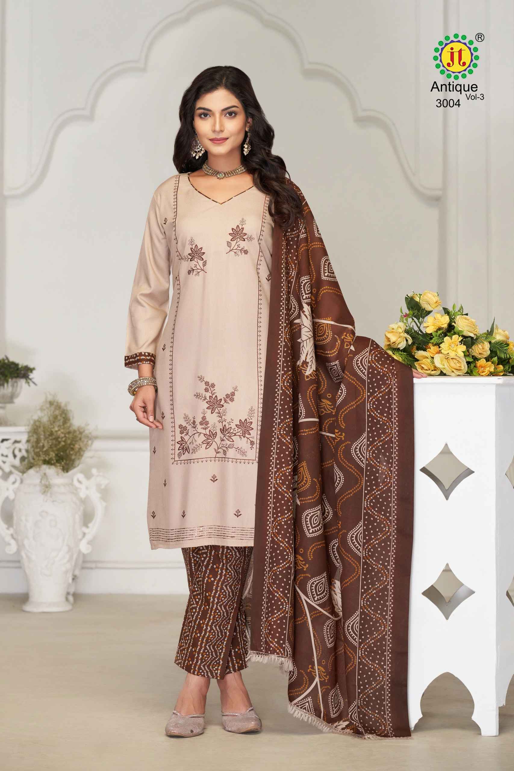 JT ANTIQUE VOL-3 RAYON WITH LACE AND EMBROIDERY WORK DRESS MATERIAL AT WHOLESALE PRICE
