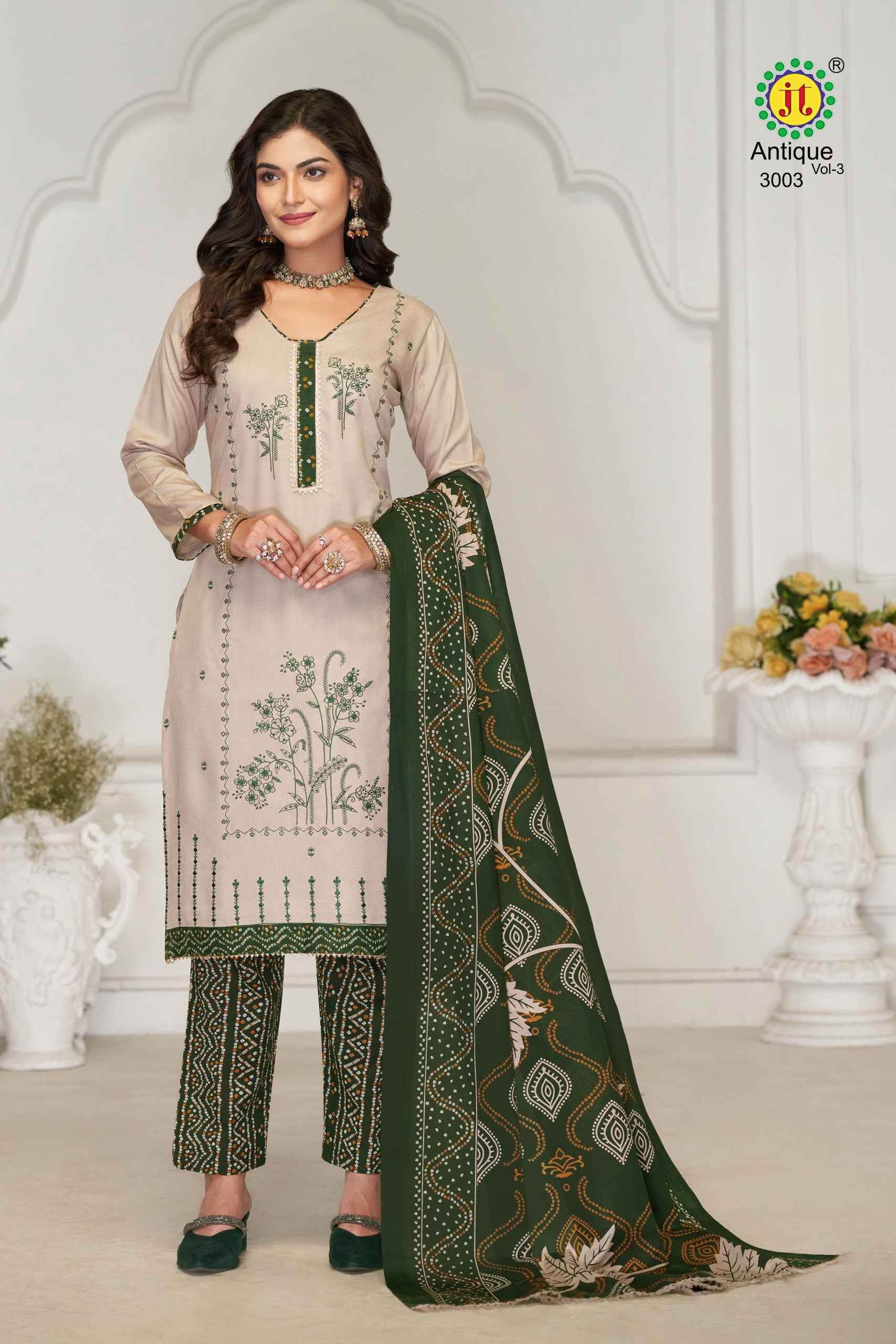 JT ANTIQUE VOL-3 RAYON WITH LACE AND EMBROIDERY WORK DRESS MATERIAL AT WHOLESALE PRICE
