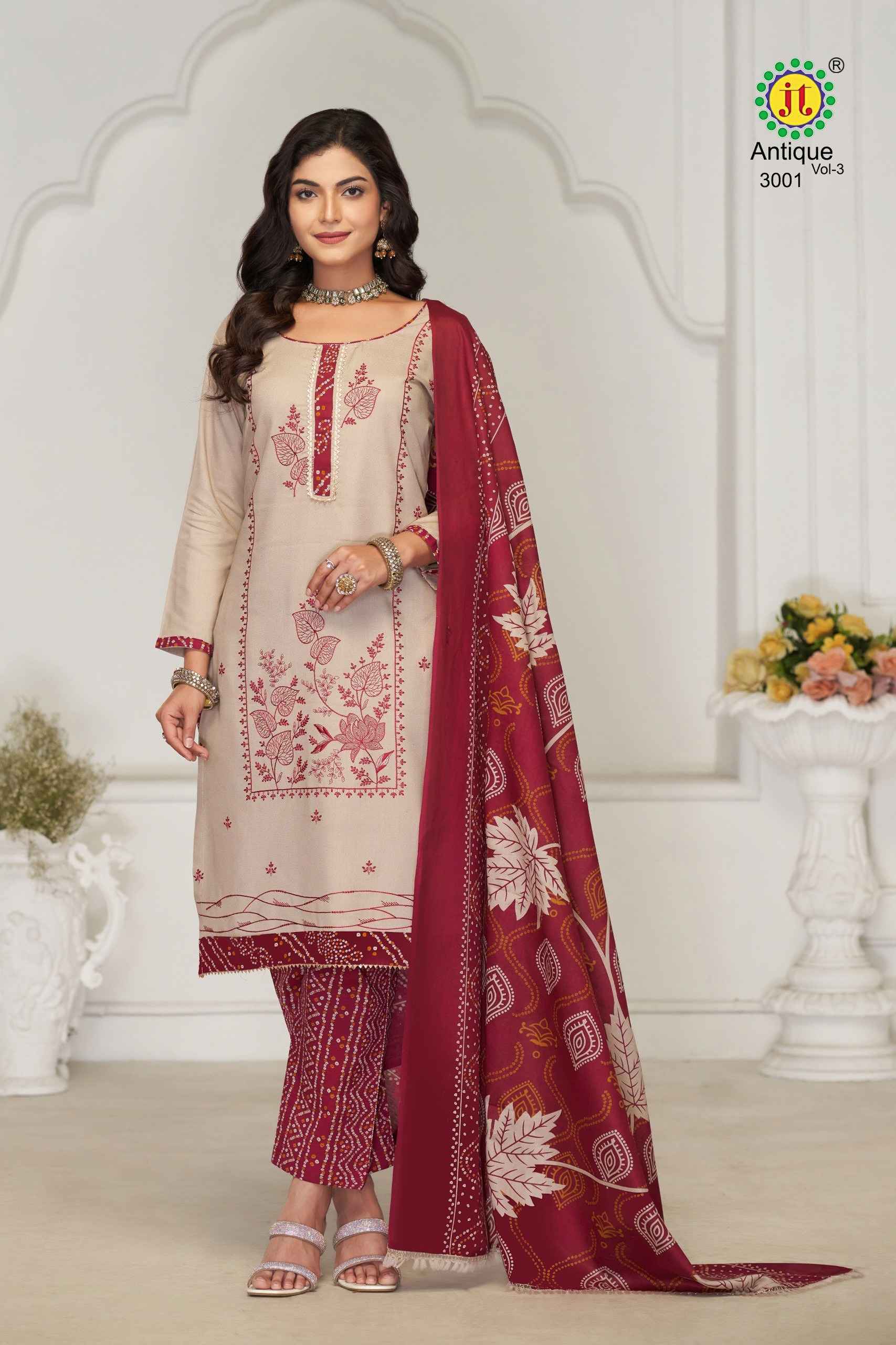 JT ANTIQUE VOL-3 RAYON WITH LACE AND EMBROIDERY WORK DRESS MATERIAL AT WHOLESALE PRICE