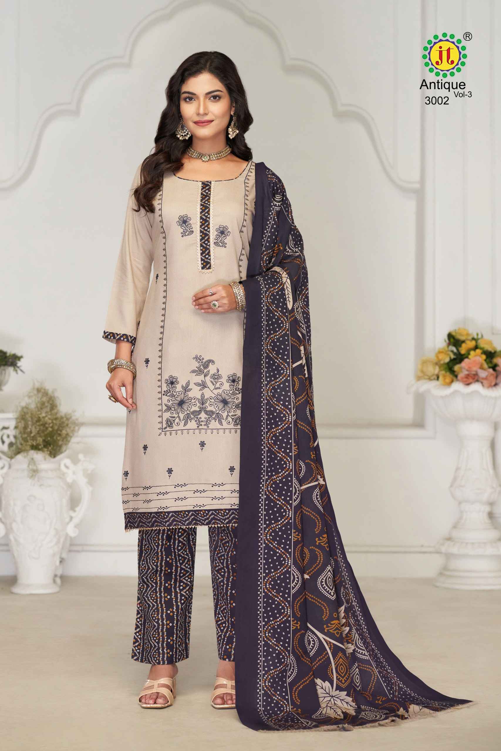 JT ANTIQUE VOL-3 RAYON WITH LACE AND EMBROIDERY WORK DRESS MATERIAL AT WHOLESALE PRICE