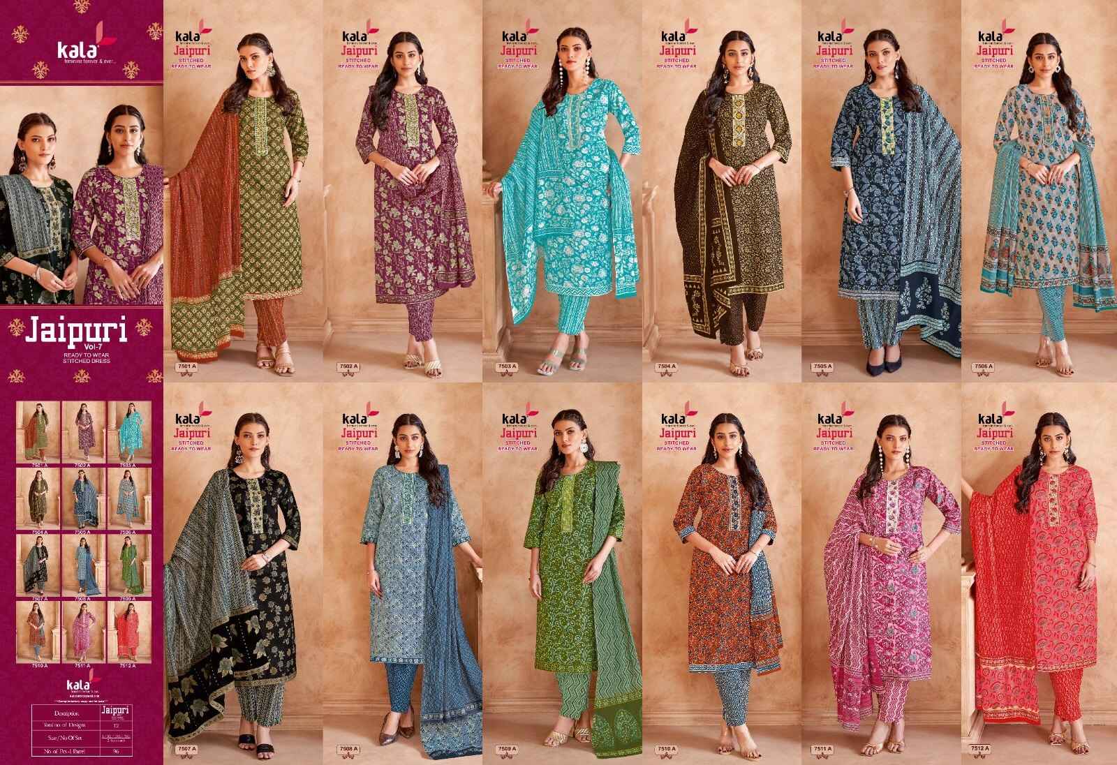 KALA JAIPURI VOL-7 READYMADE PURE COTTON KURTI PANT WITH DUPATTA AT WHOLESALE PRICE