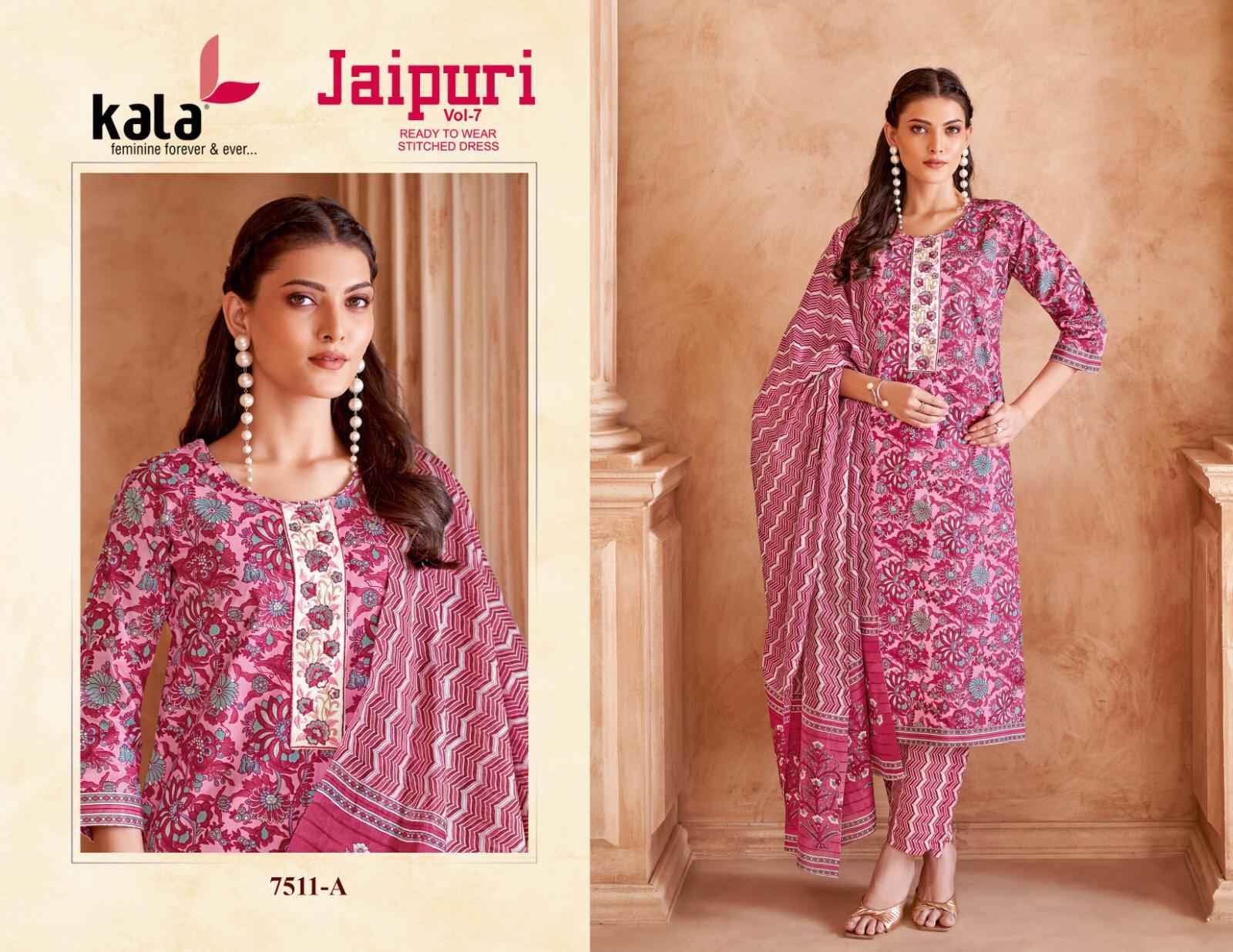 KALA JAIPURI VOL-7 READYMADE PURE COTTON KURTI PANT WITH DUPATTA AT WHOLESALE PRICE