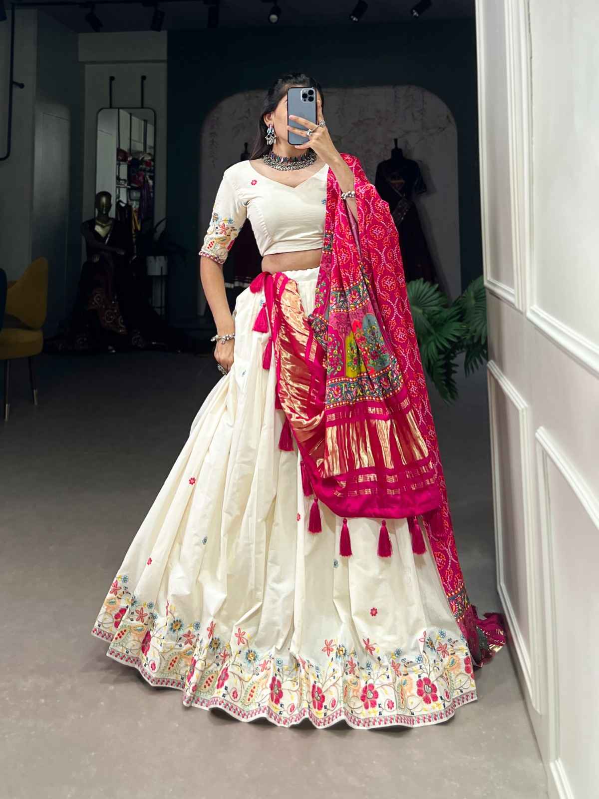 KHADI COTTON SEQUINS AND THREAD EMBROIDERY WORK LEHENGA CHOLI AT WHOLESALE PRICE