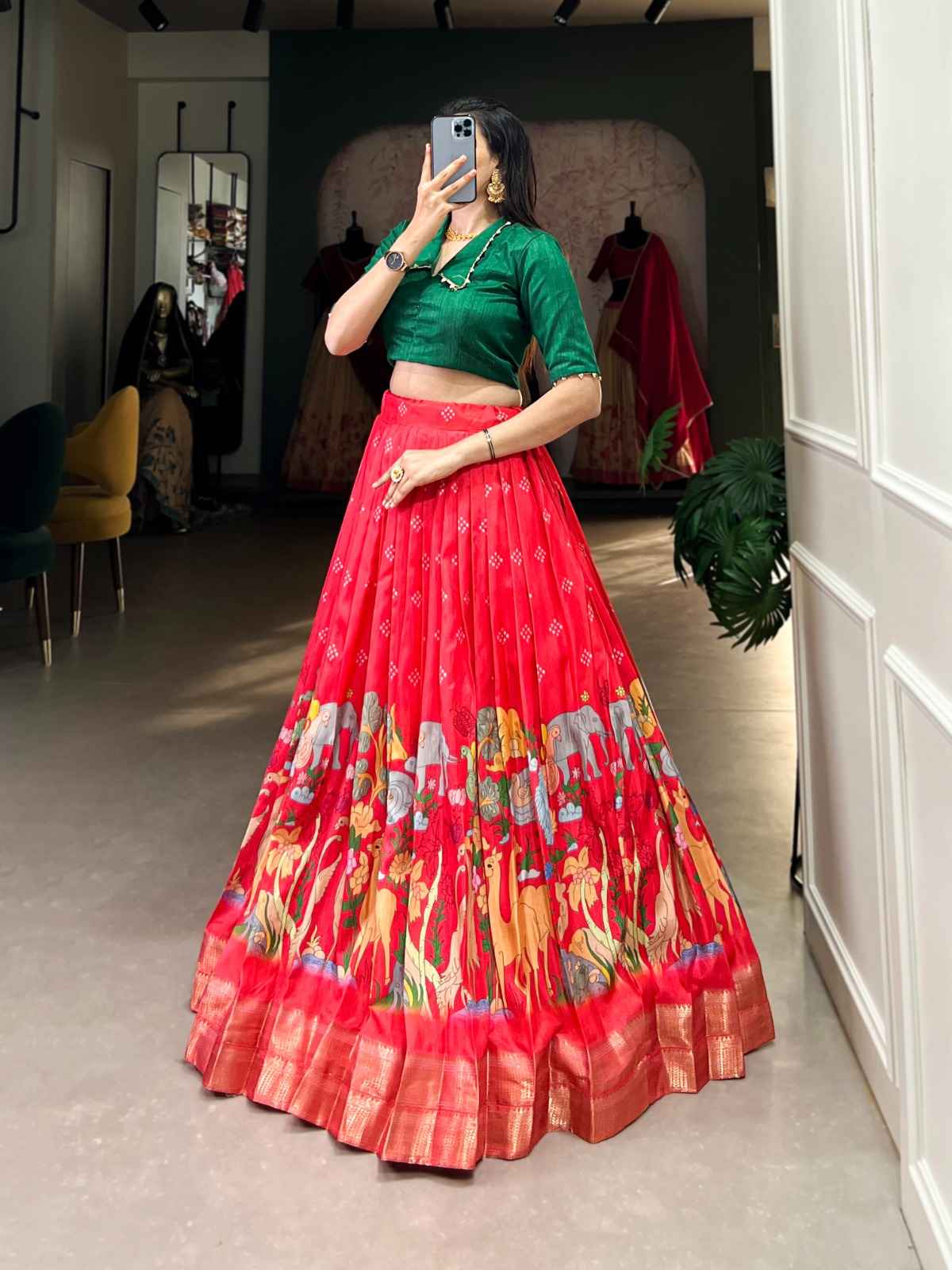 DOLA SILK KALAMKARI PRINT WITH ZARI WEAVING BRODER LEHENGA CHOLI AT WHOLESALE PRICE