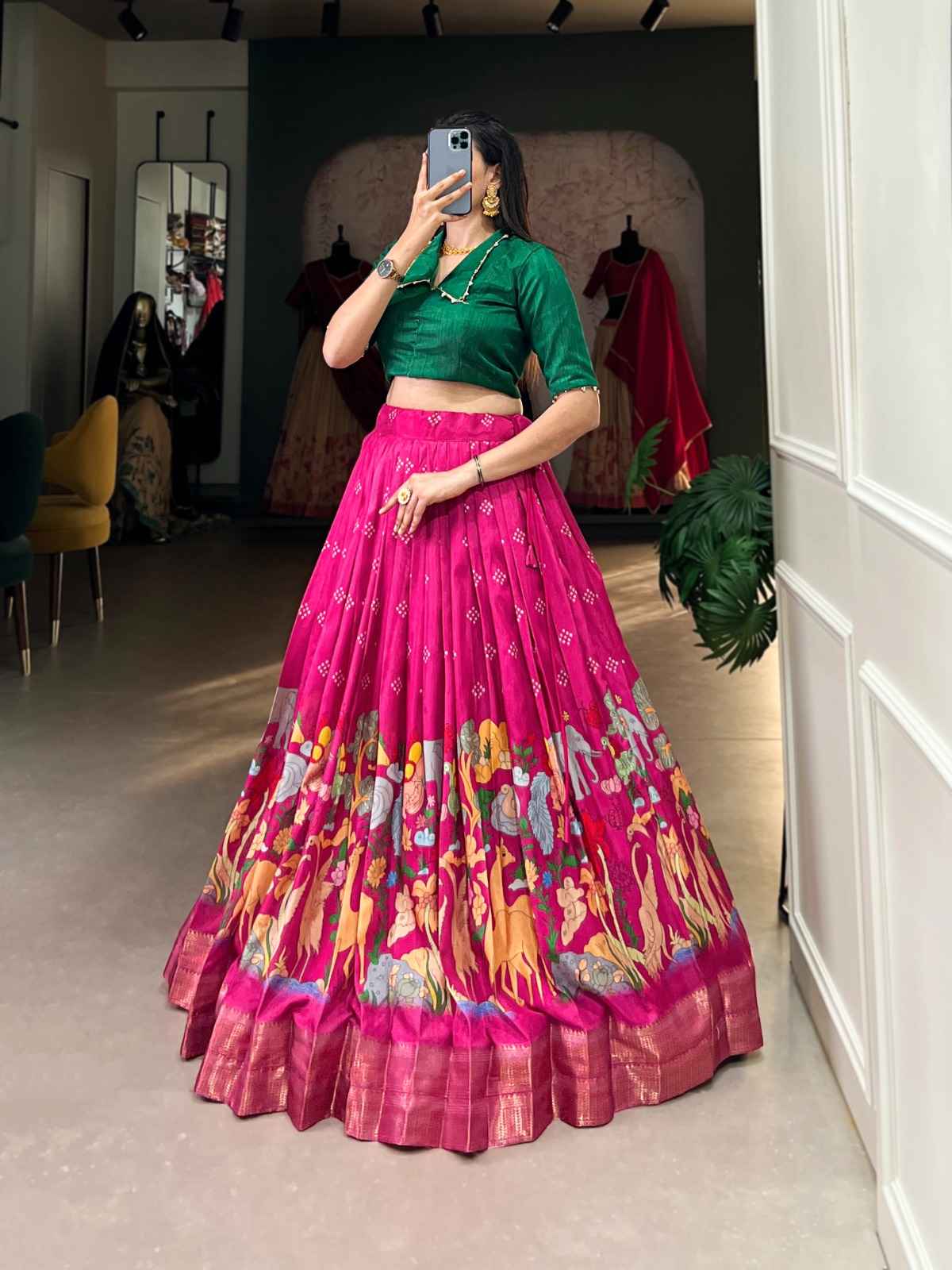 DOLA SILK KALAMKARI PRINT WITH ZARI WEAVING BRODER LEHENGA CHOLI AT WHOLESALE PRICE
