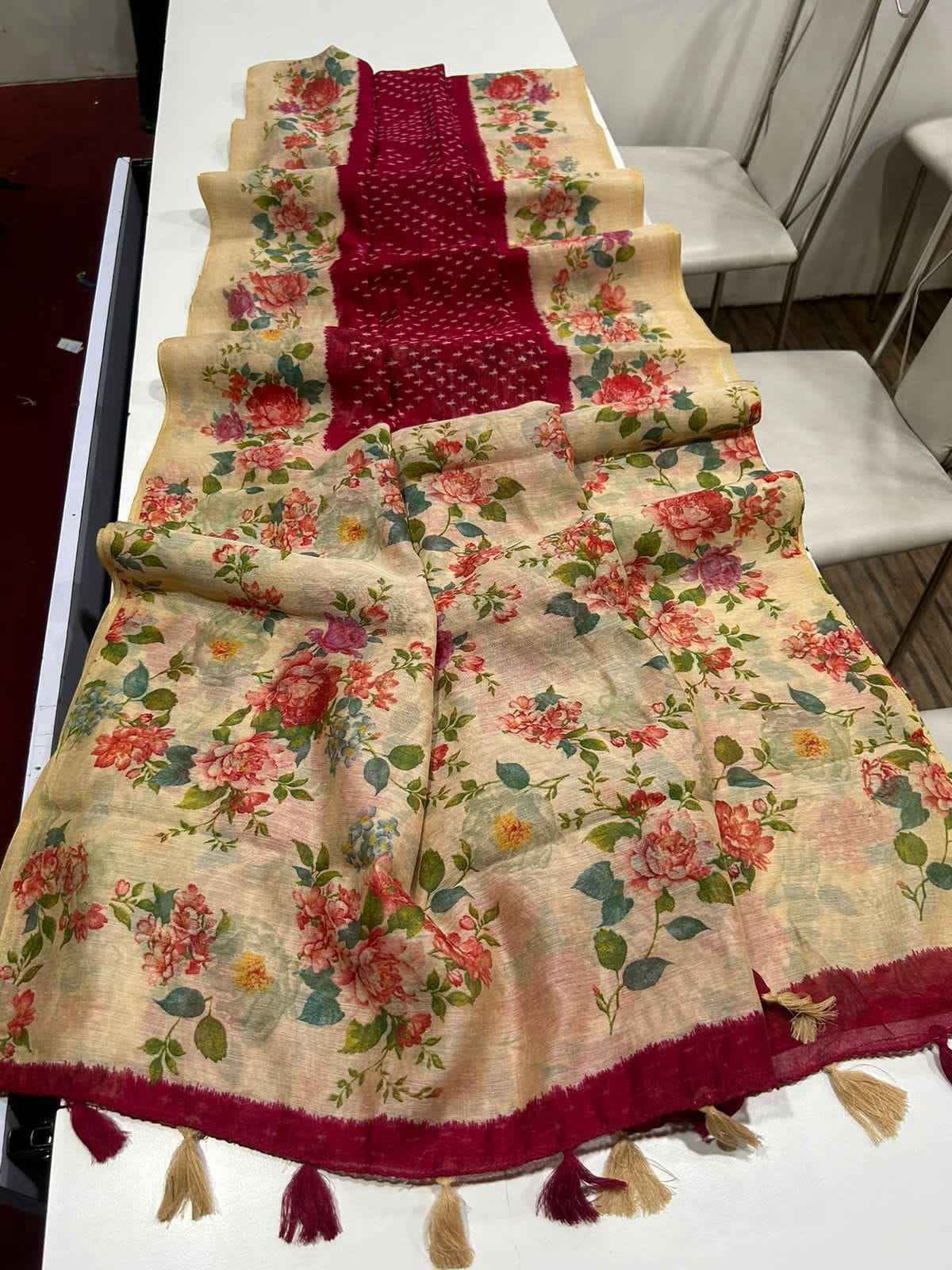 LINEN DIGITAL PRINT WITH FLORAL AND BANDHANI PRINTED SAREE AT WHOLESALE PRICE