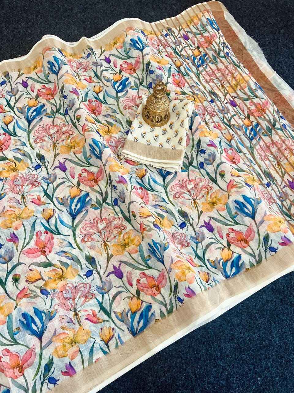 LINEN DIGITAL PRINT WITH GOLD JARI BORDER SAREE AT WHOLESALE PRICE