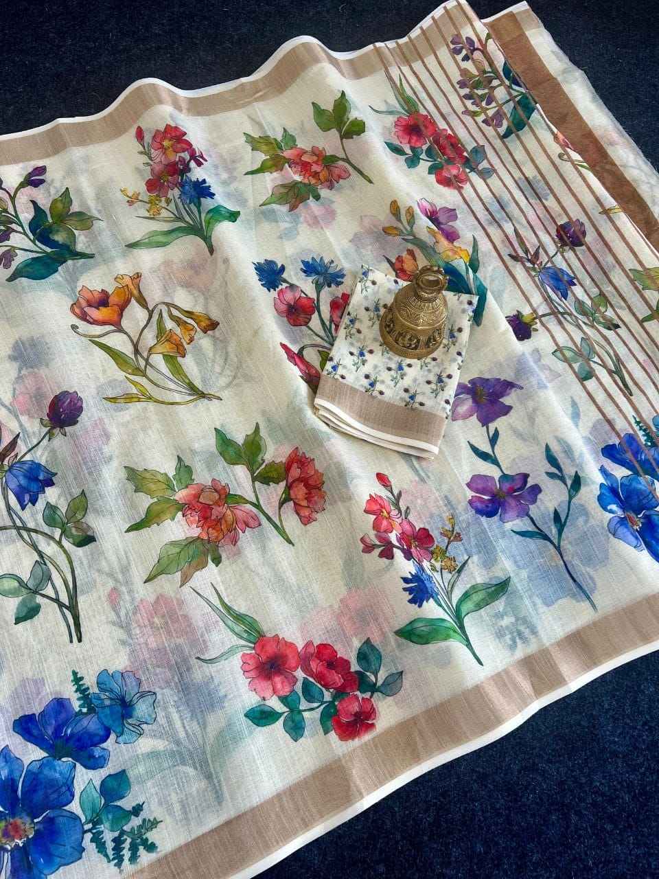 LINEN DIGITAL PRINT WITH GOLD JARI BORDER SAREE AT WHOLESALE PRICE