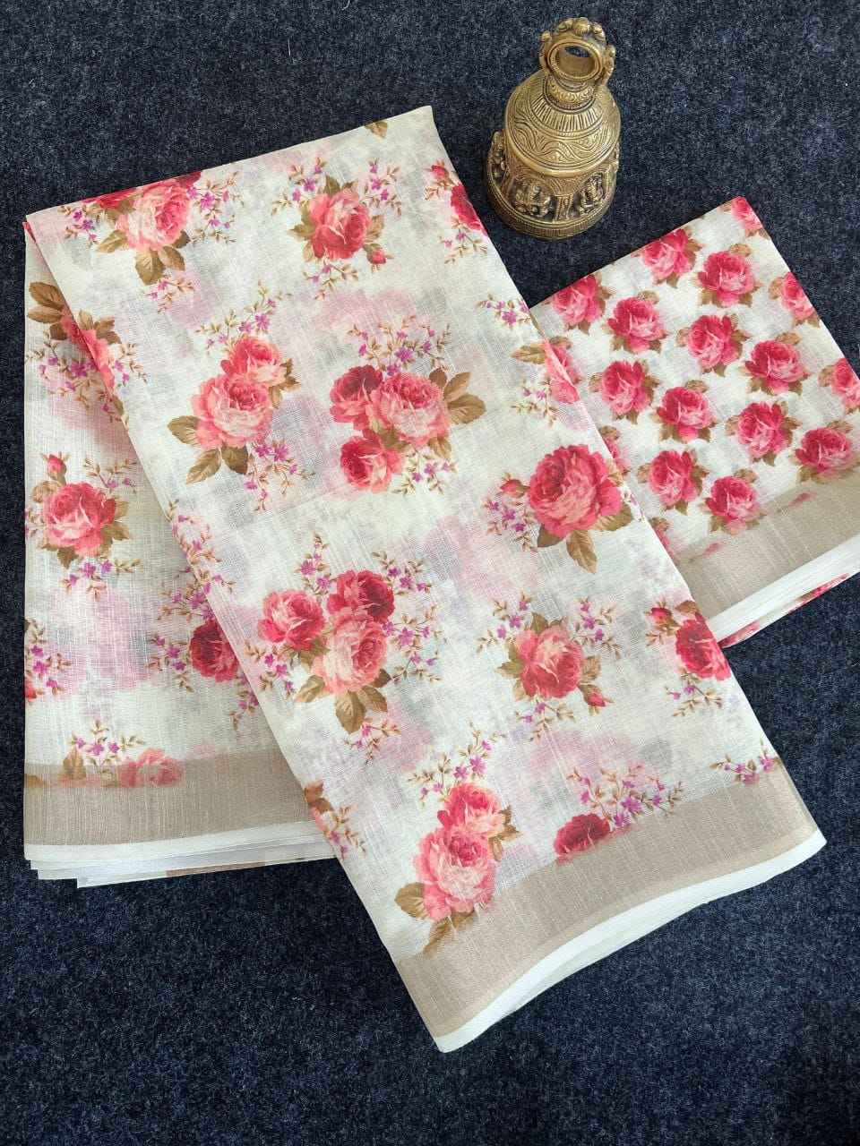 LINEN DIGITAL PRINT WITH GOLD JARI BORDER SAREE AT WHOLESALE PRICE