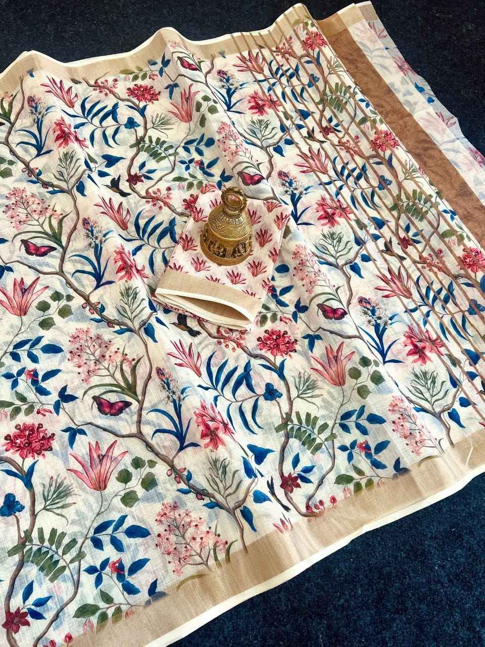 LINEN DIGITAL PRINT WITH GOLD JARI BORDER SAREE AT WHOLESALE PRICE