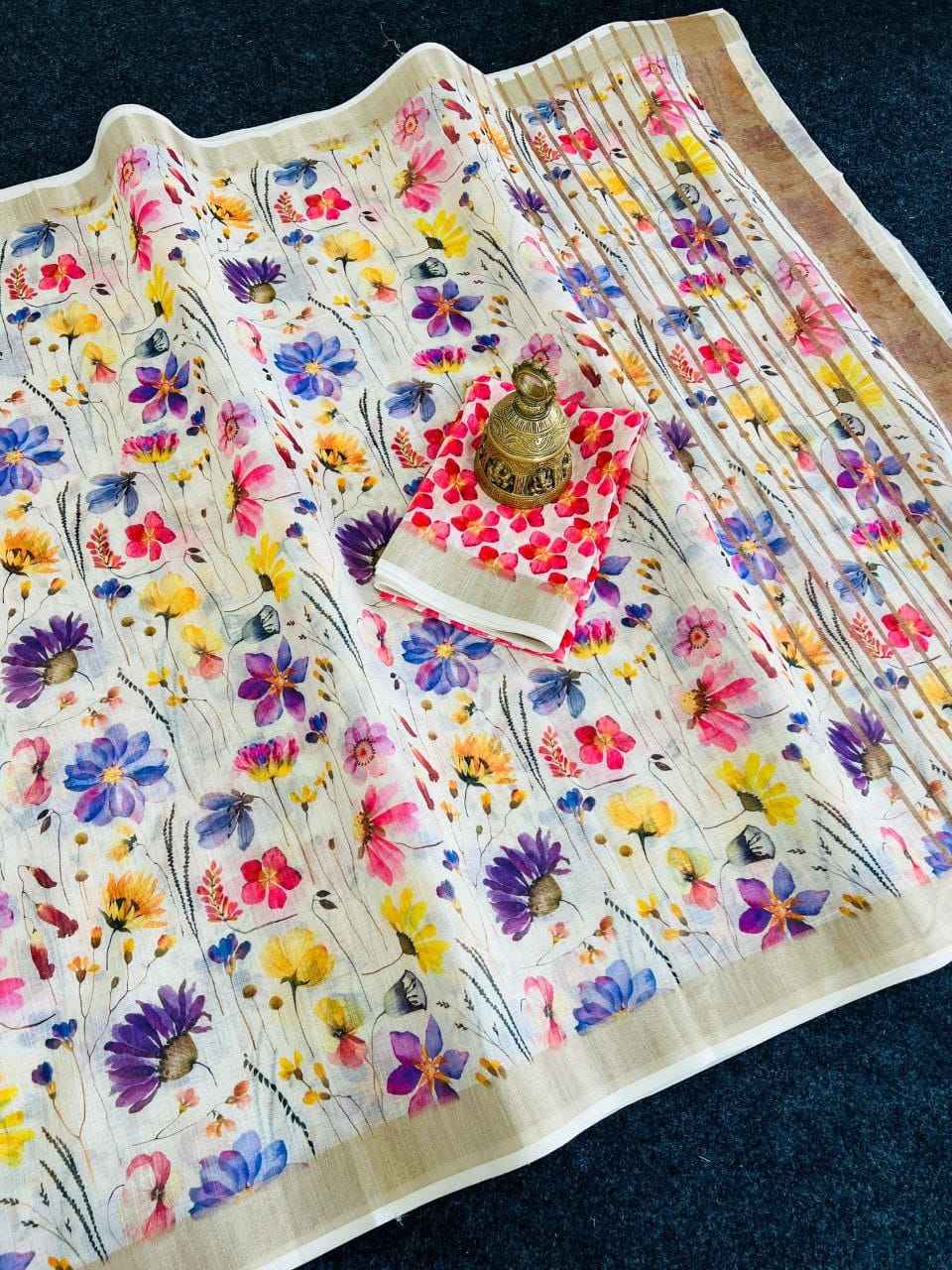 LINEN DIGITAL PRINT WITH GOLD JARI BORDER SAREE AT WHOLESALE PRICE