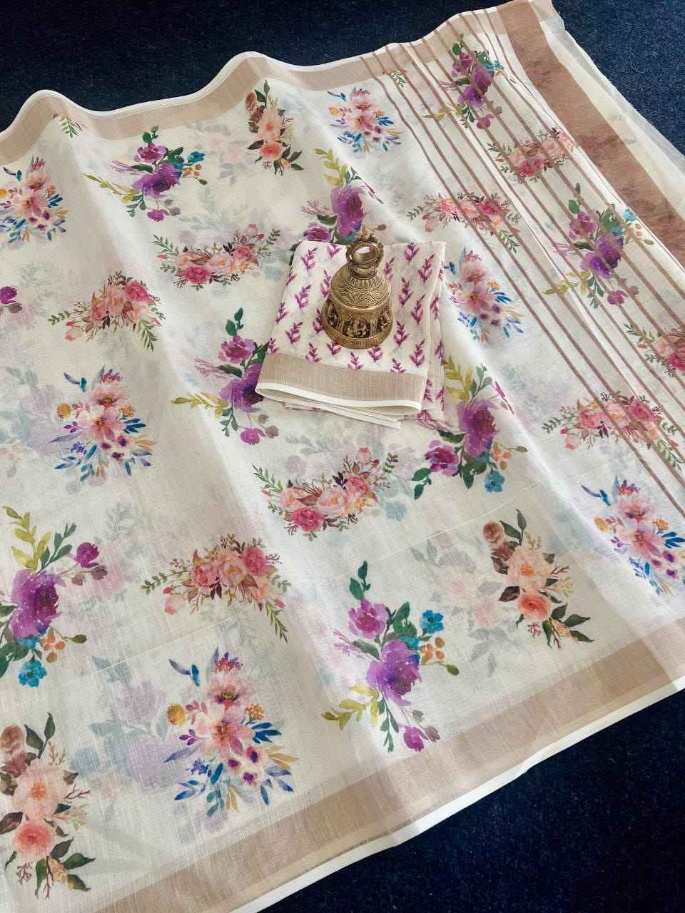 LINEN DIGITAL PRINT WITH GOLD JARI BORDER SAREE AT WHOLESALE PRICE