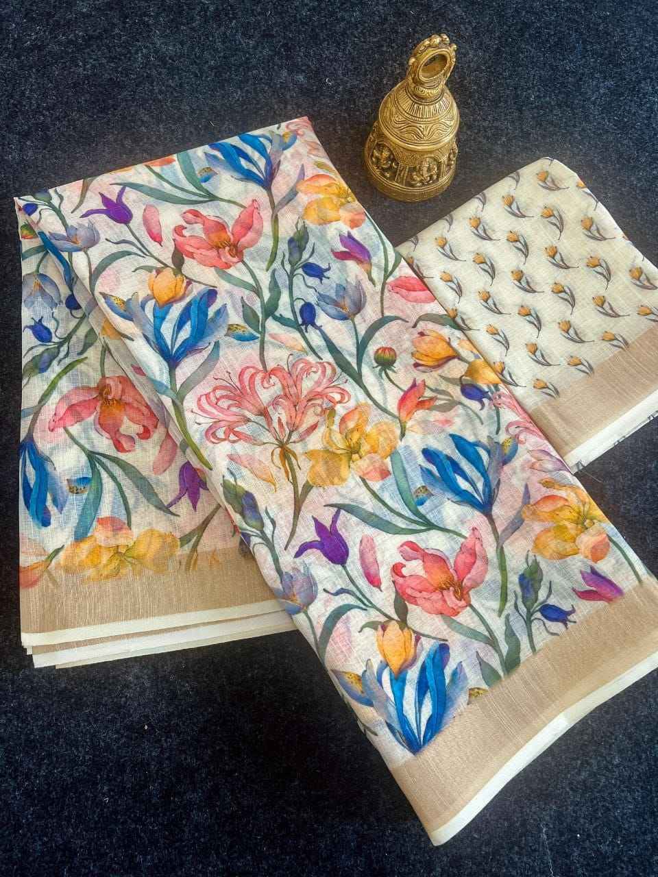 LINEN DIGITAL PRINT WITH GOLD JARI BORDER SAREE AT WHOLESALE PRICE