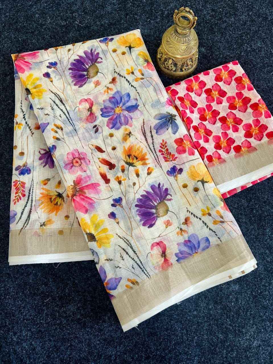 LINEN DIGITAL PRINT WITH GOLD JARI BORDER SAREE AT WHOLESALE PRICE