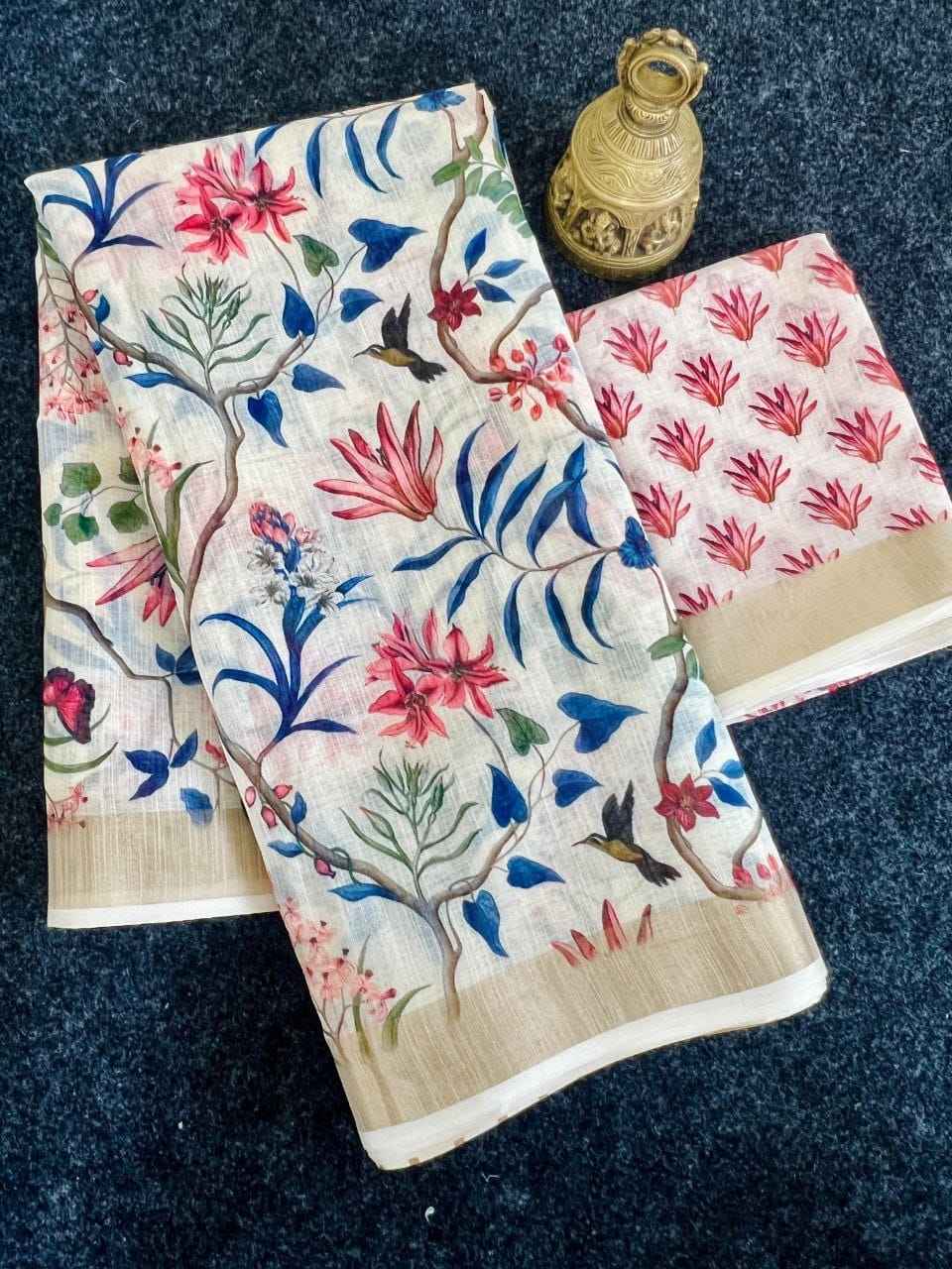 LINEN DIGITAL PRINT WITH GOLD JARI BORDER SAREE AT WHOLESALE PRICE