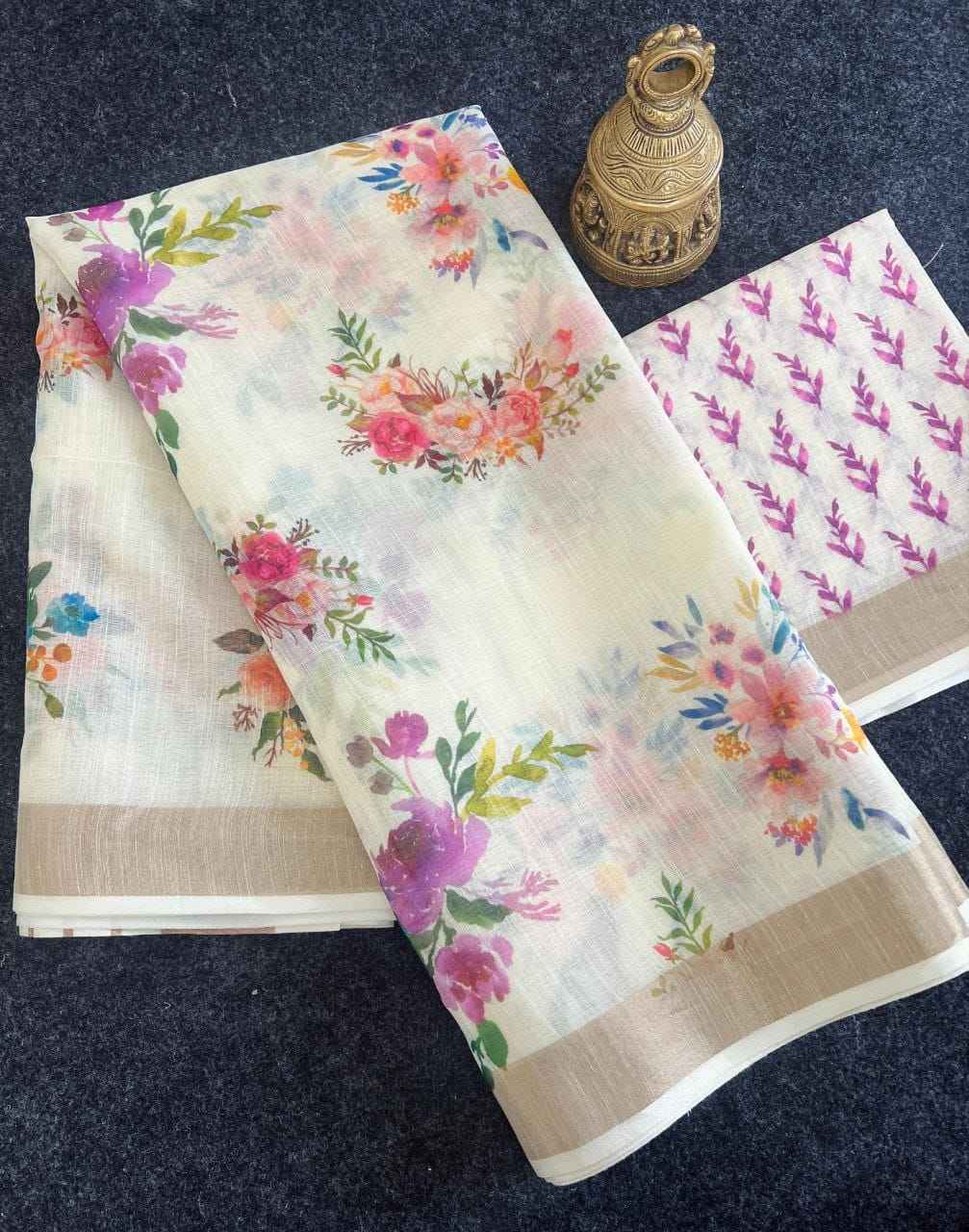 LINEN DIGITAL PRINT WITH GOLD JARI BORDER SAREE AT WHOLESALE PRICE