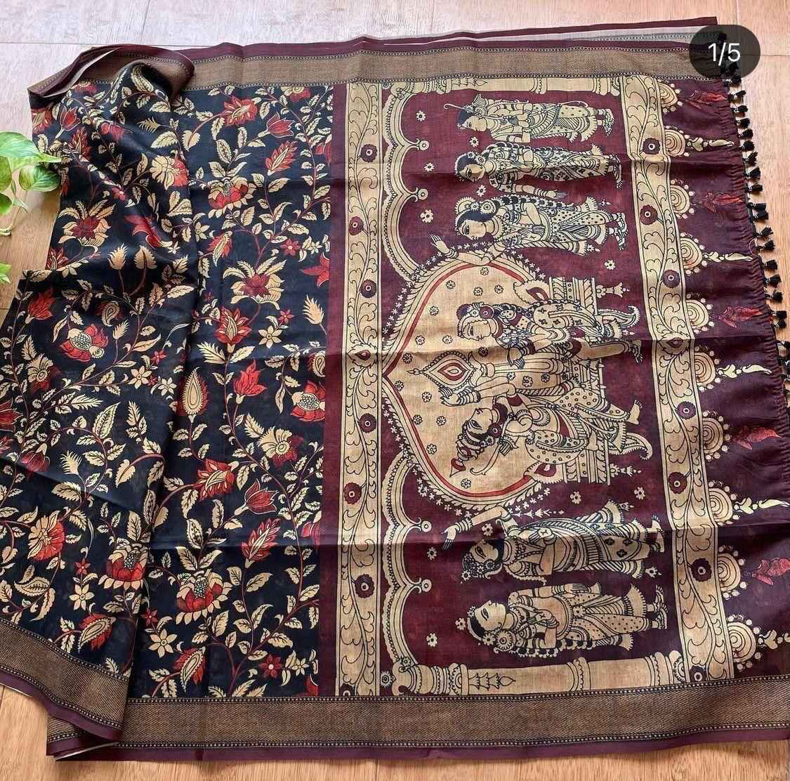 LINEN DIGITAL PRINT WITH KALAMKARI PRINT PALLU SAREE AT WHOLESALE PRICE