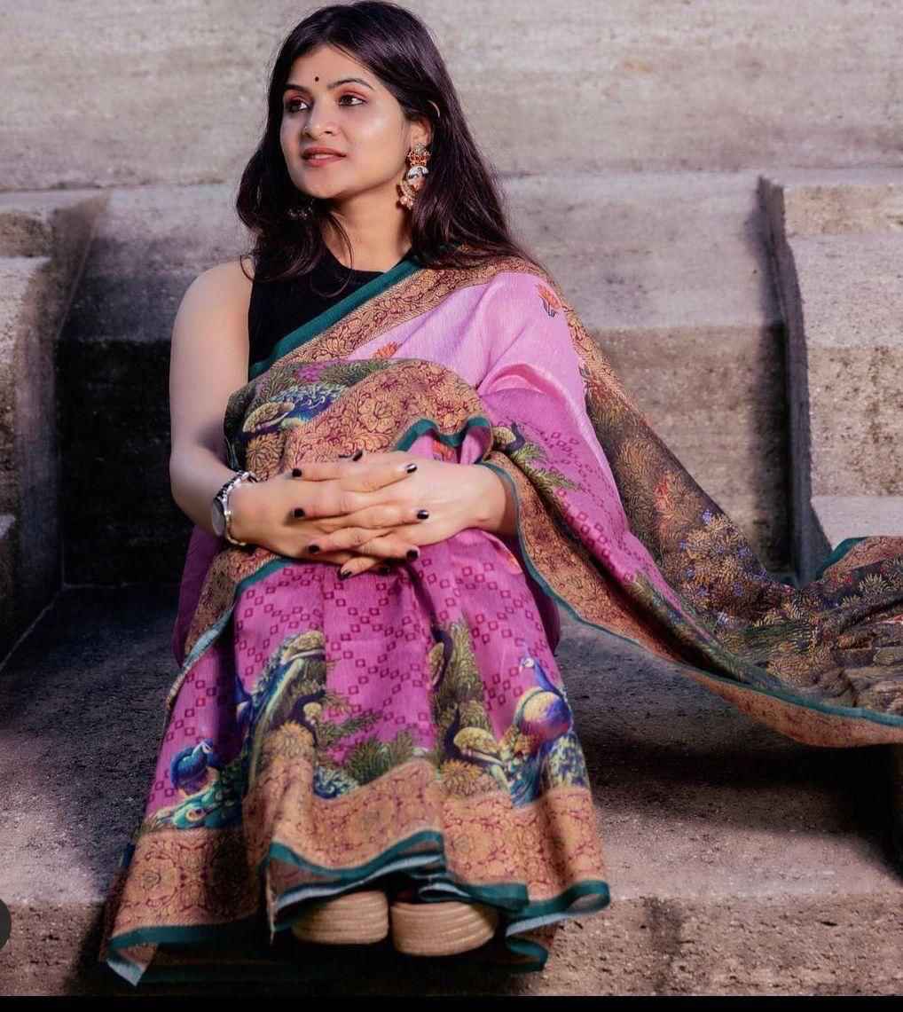 LINEN DIGITAL PRINT WITH KALAMKARI PRINT PALLU SAREE AT WHOLESALE PRICE