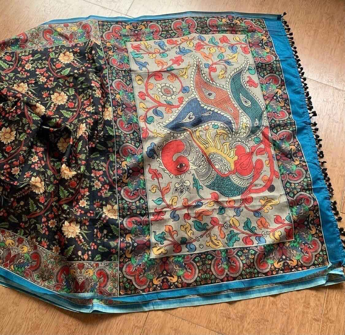 LINEN DIGITAL PRINT WITH KALAMKARI PRINT PALLU SAREE AT WHOLESALE PRICE