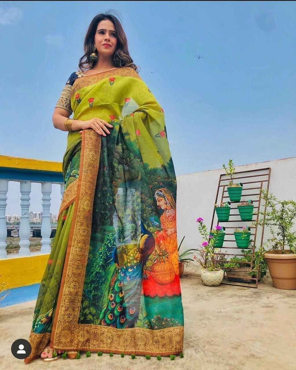 LINEN DIGITAL PRINT WITH KALAMKARI PRINT PALLU SAREE AT WHOLESALE PRICE