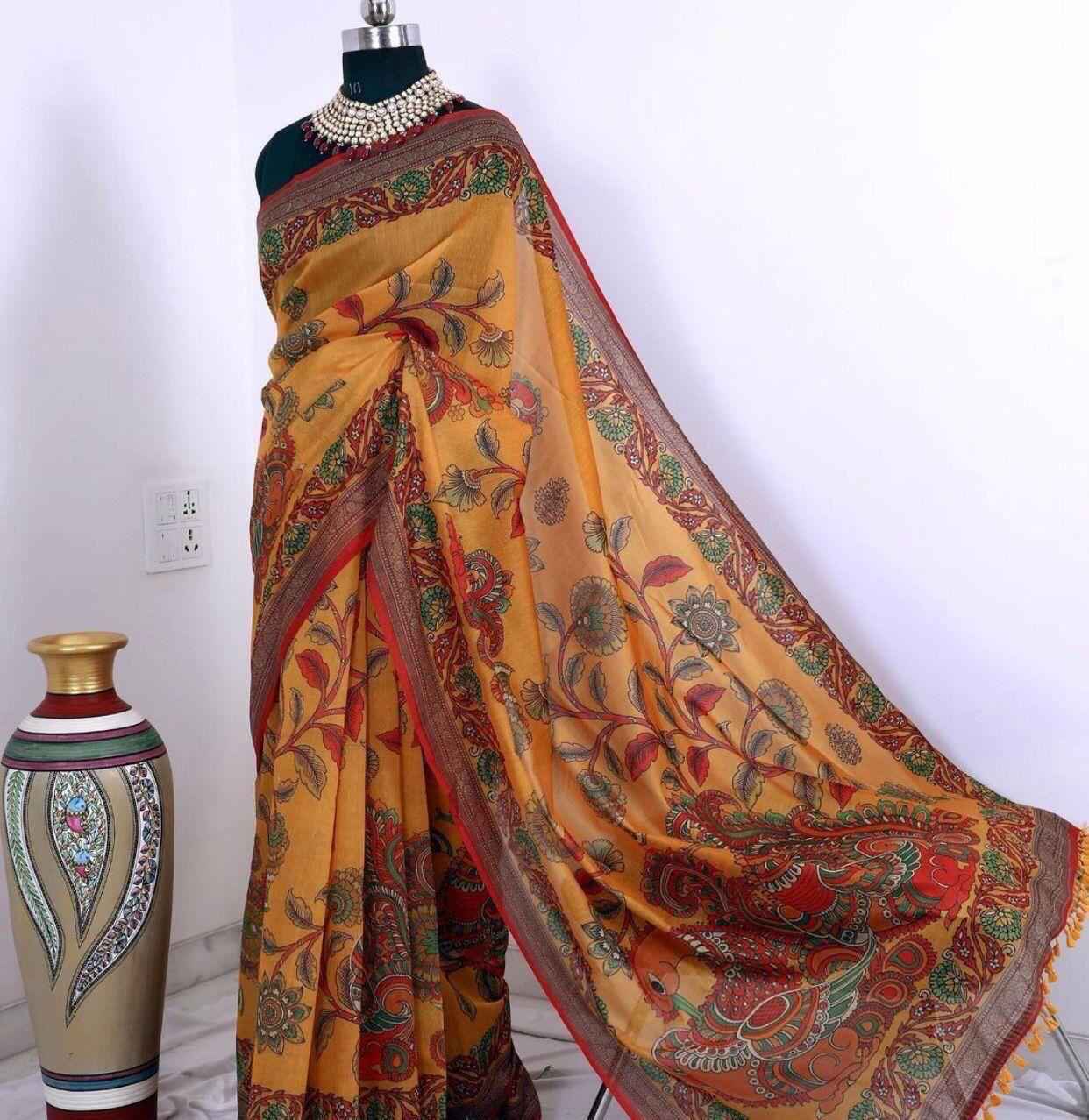 LINEN DIGITAL WITH KALAMKARI PRINTED SAREE AT WHOLESALE PRICE