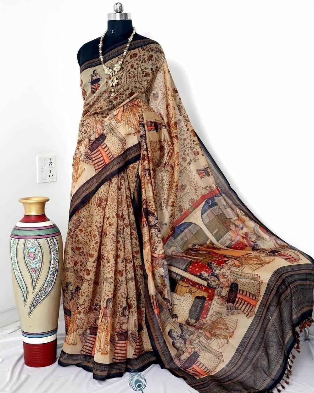 LINEN DIGITAL WITH KALAMKARI PRINTED SAREE AT WHOLESALE PRICE