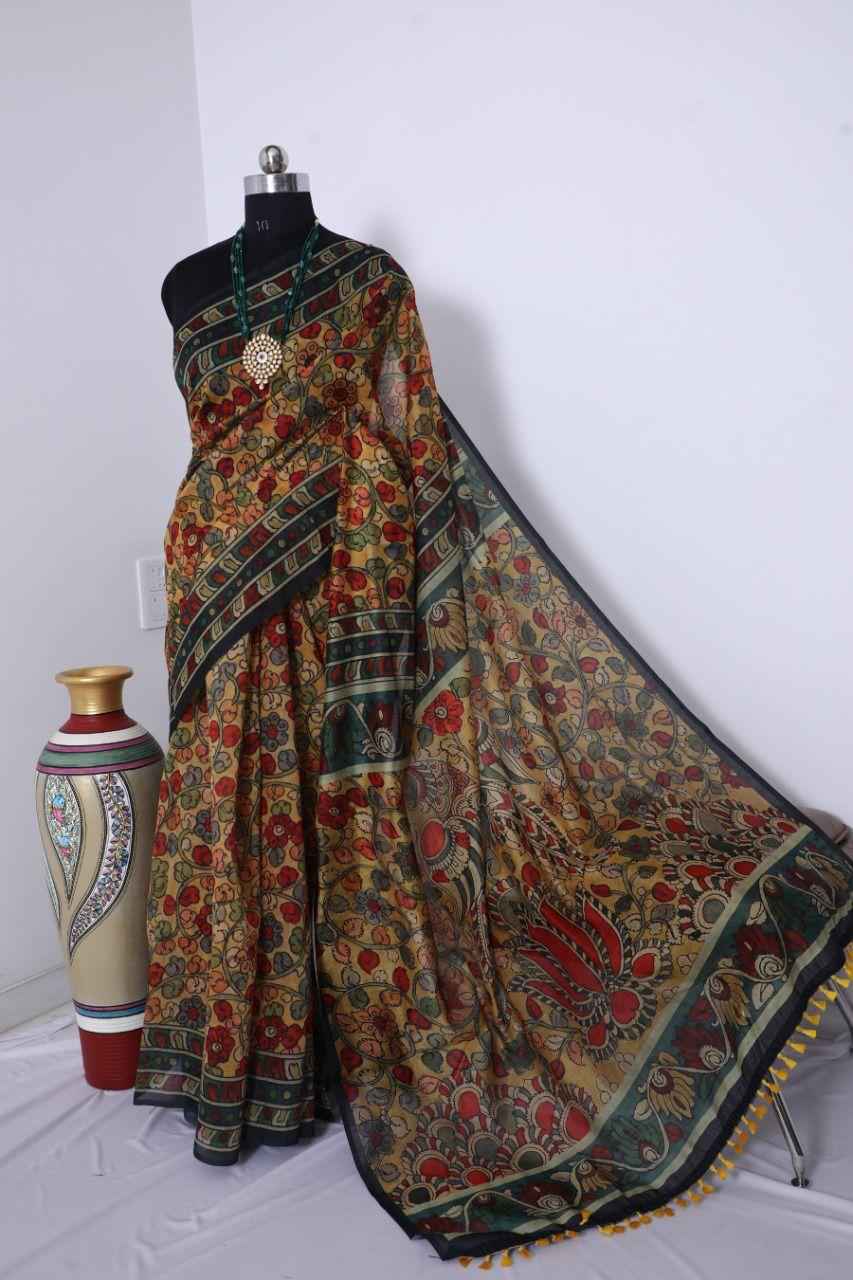 LINEN DIGITAL WITH KALAMKARI PRINTED SAREE AT WHOLESALE PRICE