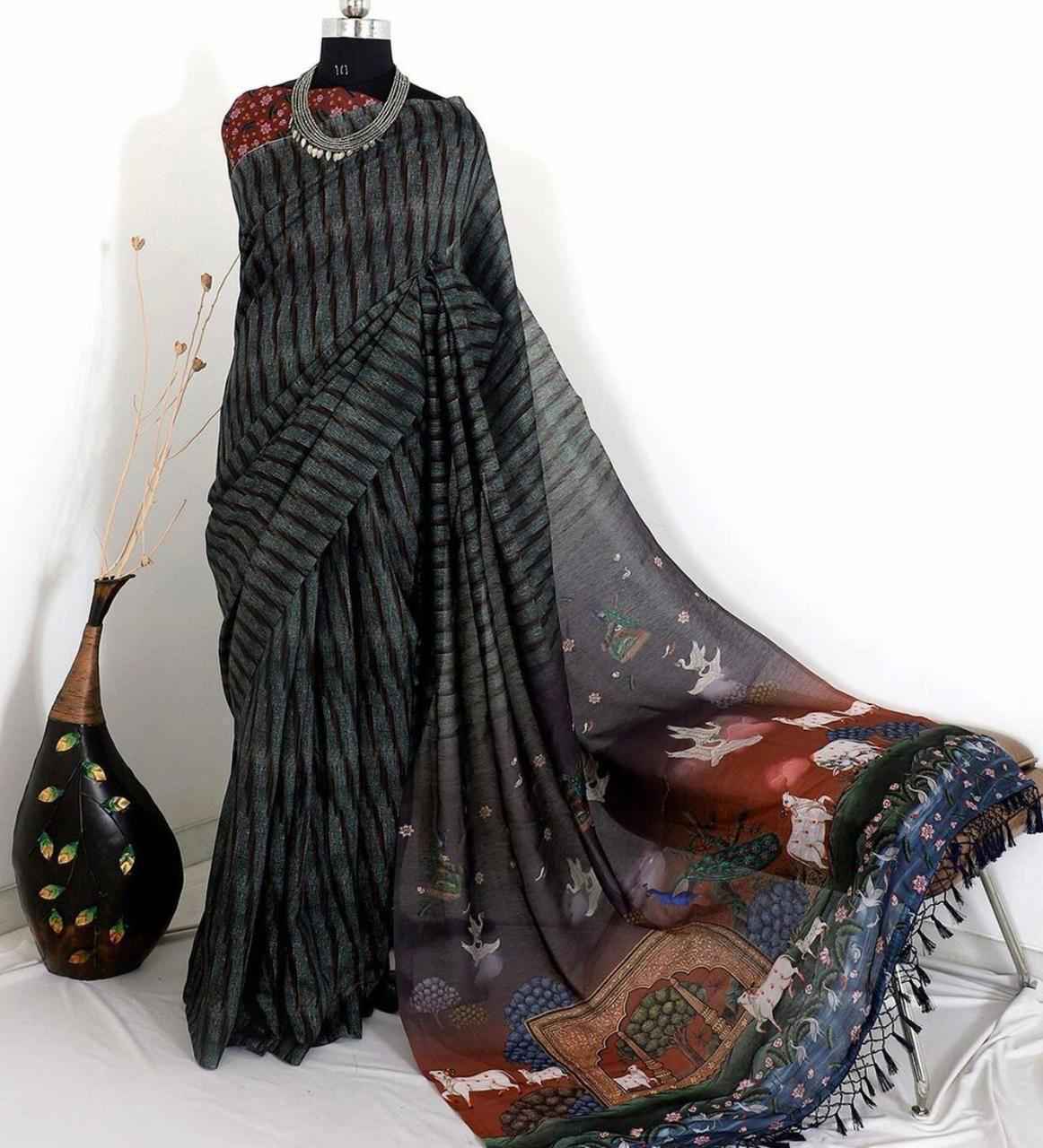 LINEN DIGITAL WITH KALAMKARI PRINTED SAREE AT WHOLESALE PRICE