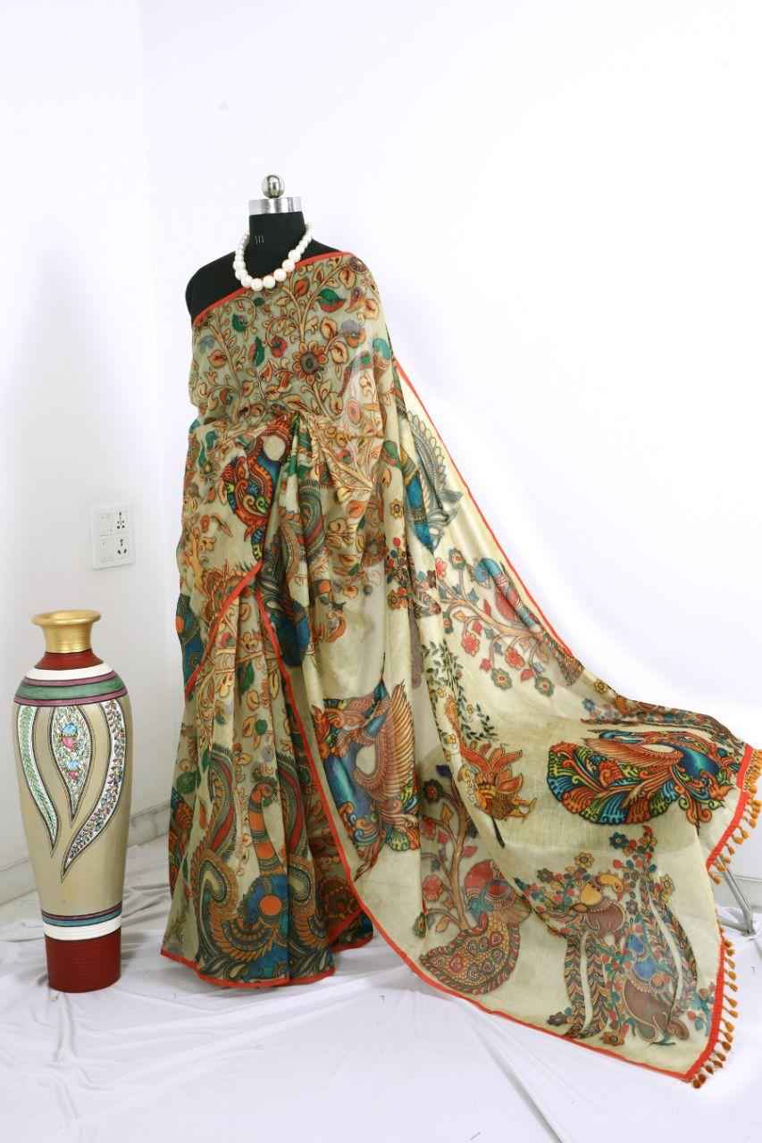 LINEN DIGITAL WITH KALAMKARI PRINTED SAREE AT WHOLESALE PRICE