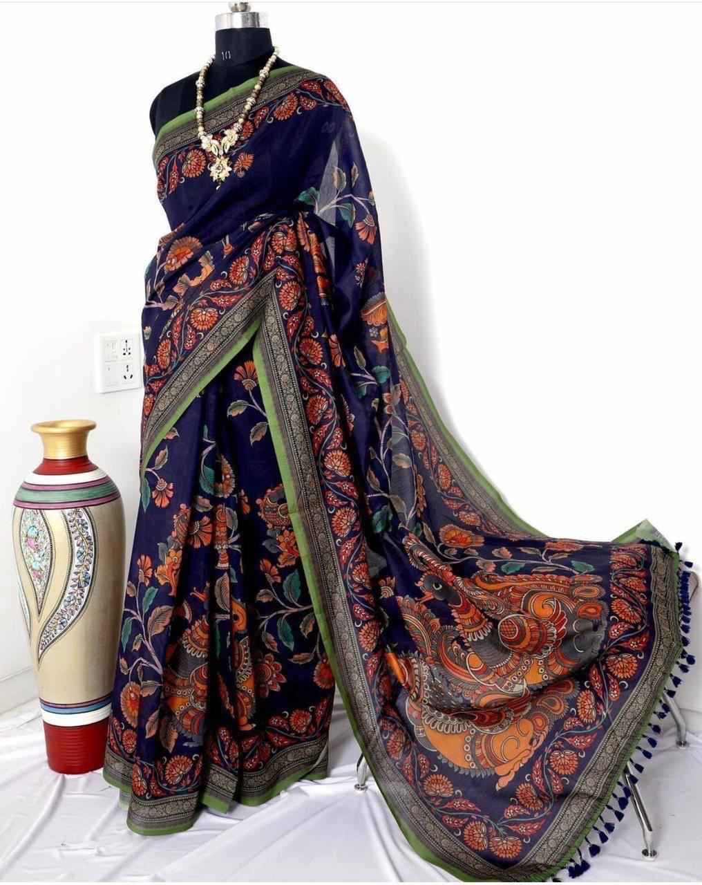 LINEN DIGITAL WITH KALAMKARI PRINTED SAREE AT WHOLESALE PRICE