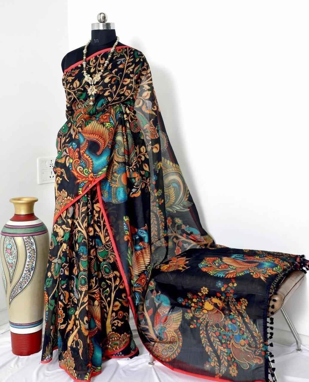LINEN DIGITAL WITH KALAMKARI PRINTED SAREE AT WHOLESALE PRICE