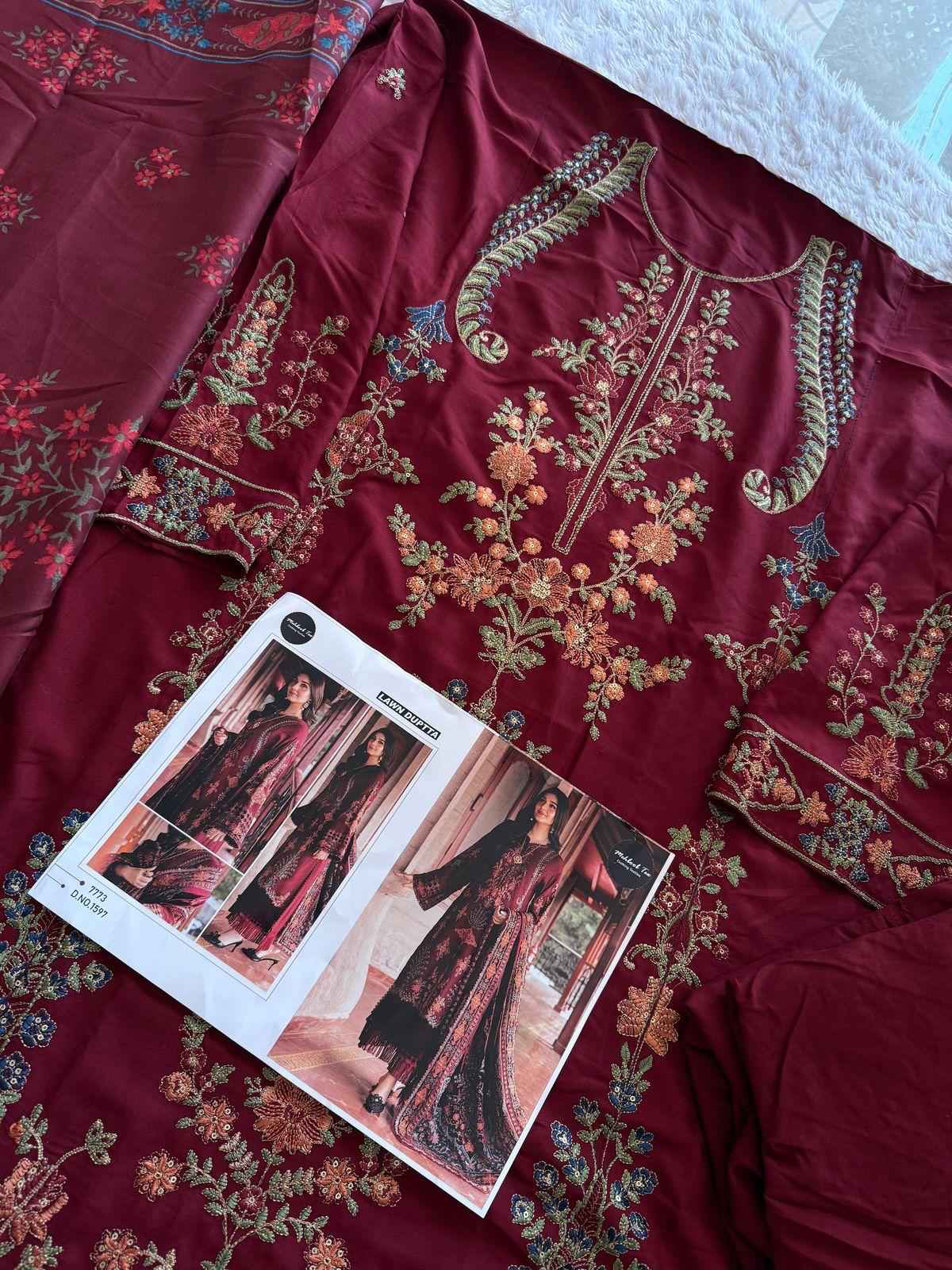 MEHBOOB TEX MARIA B. LUXE-2 NX D NO 1594 VISCOSE RAYON EMBROIDERY DRESS MATERIAL AT WHOLESALE PRICE