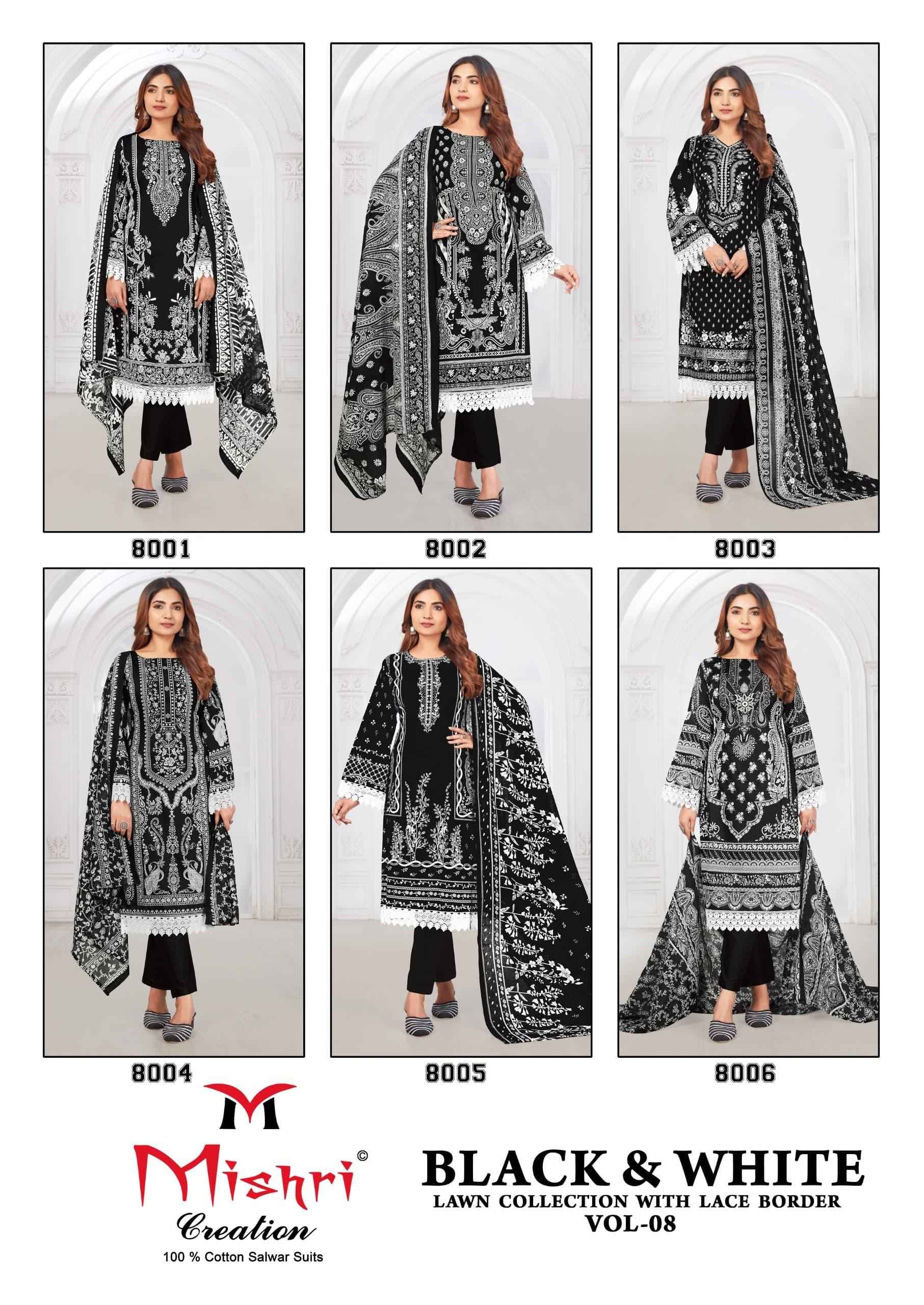 MISHRI CREATION BLACK & WHITE VOL 8 LAWN COLLECTION WITH LACE BORDER DRESS MATERIAL AT WHOLESALE PRICE