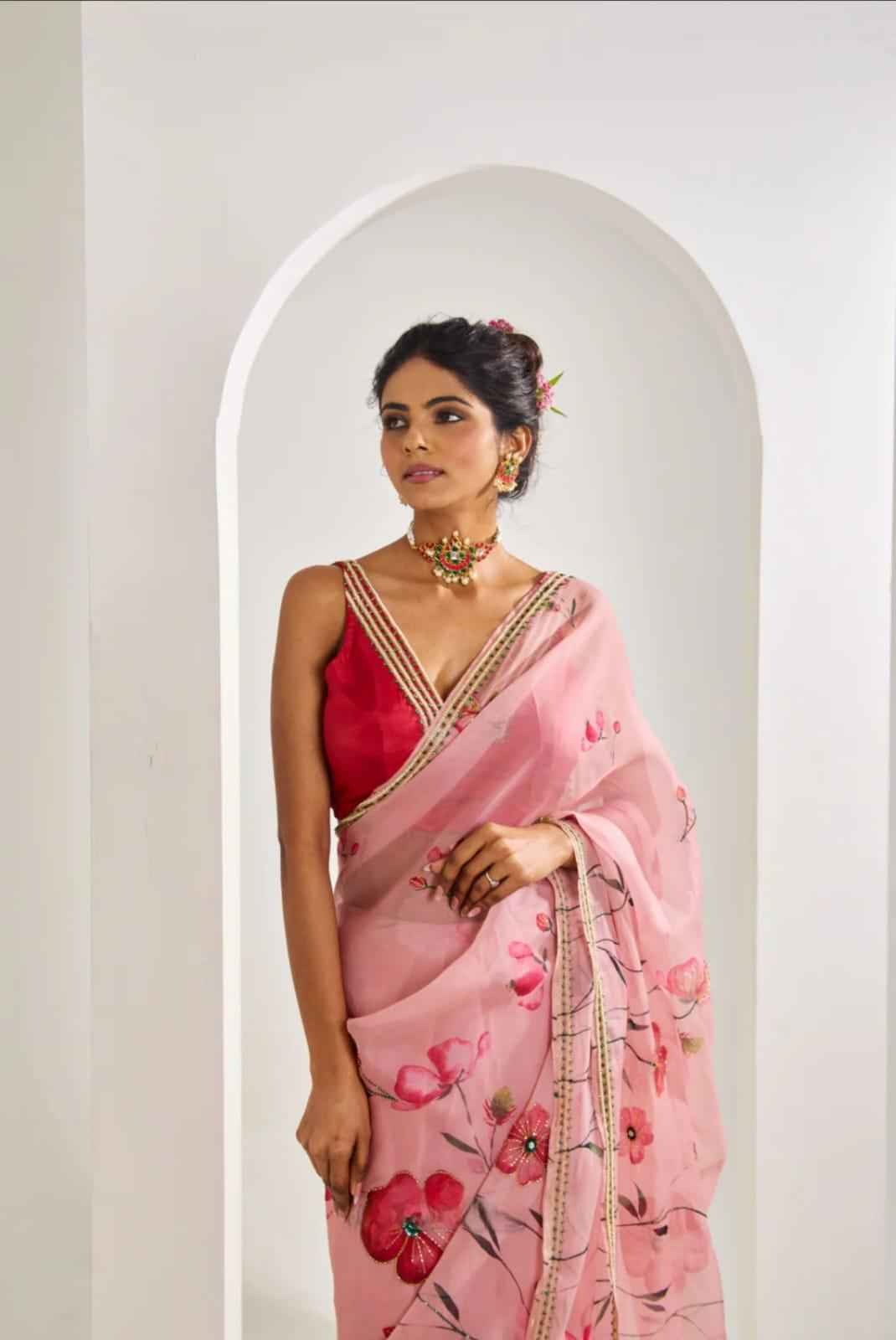 MULMUL ORGANZA PRINT COVER WITH HANDWORK SAREE AT WHOLESALE PRICE
