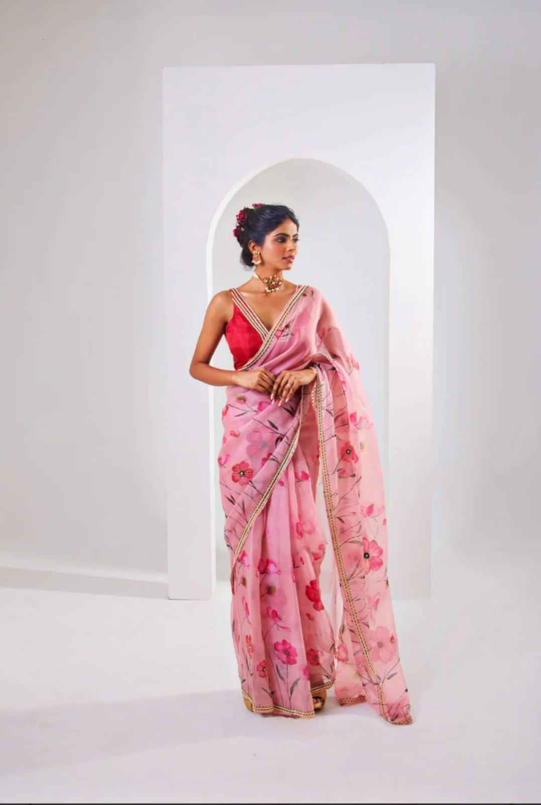 MULMUL ORGANZA PRINT COVER WITH HANDWORK SAREE AT WHOLESALE PRICE