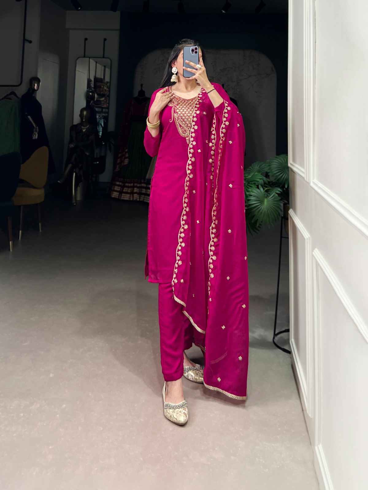 ORGANZA SEQUINS AND THREAD EMBROIDERY WORK KURTI PANT WITH DUPATTA AT WHOLESALE PRICE
