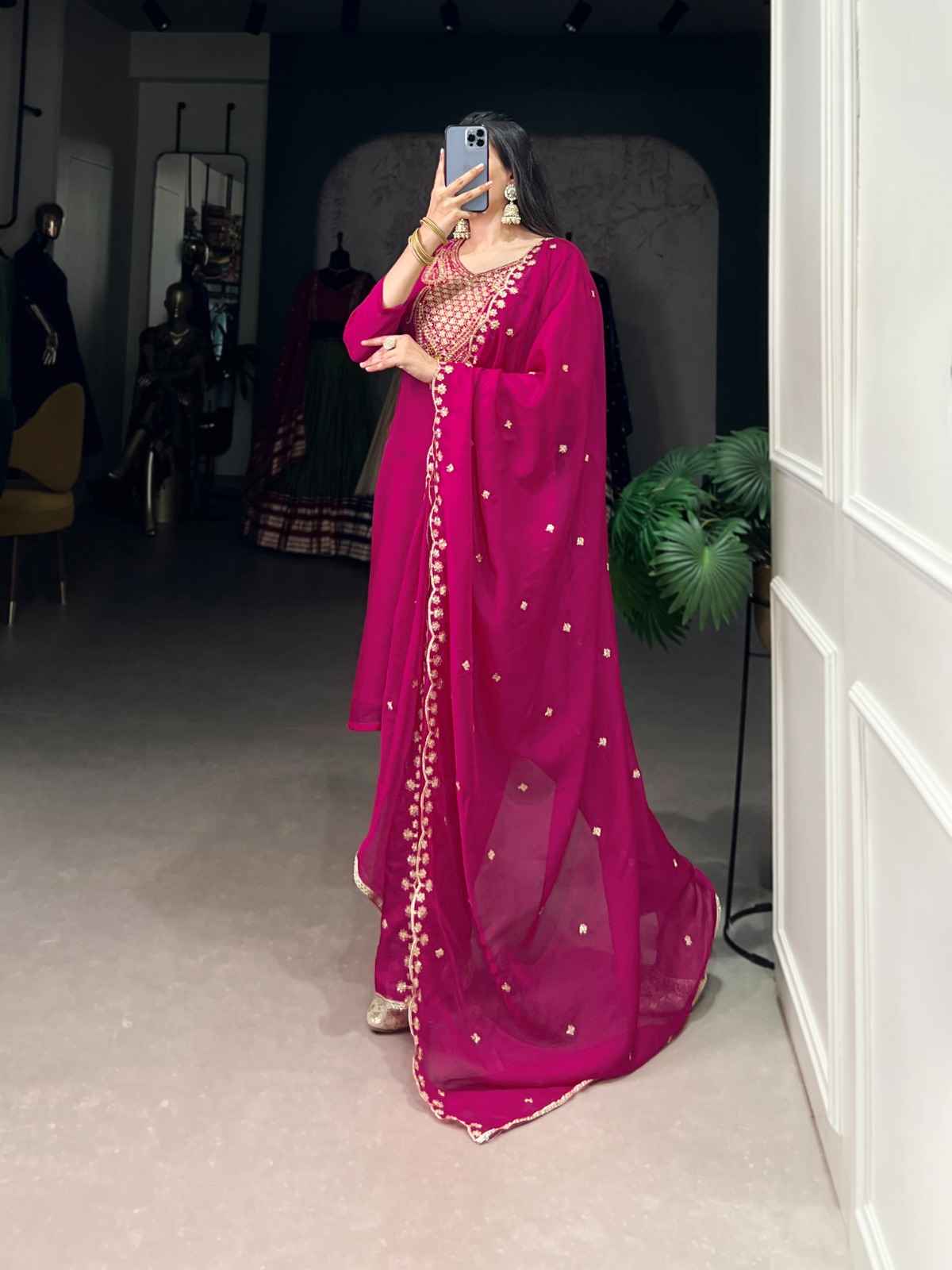 ORGANZA SEQUINS AND THREAD EMBROIDERY WORK KURTI PANT WITH DUPATTA AT WHOLESALE PRICE