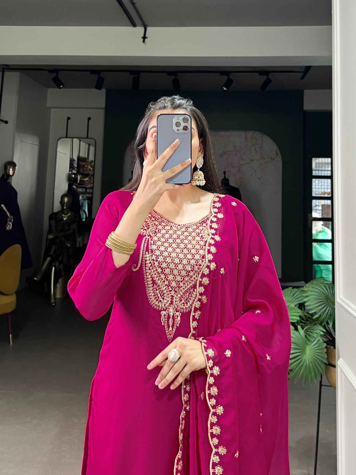 ORGANZA SEQUINS AND THREAD EMBROIDERY WORK KURTI PANT WITH DUPATTA AT WHOLESALE PRICE