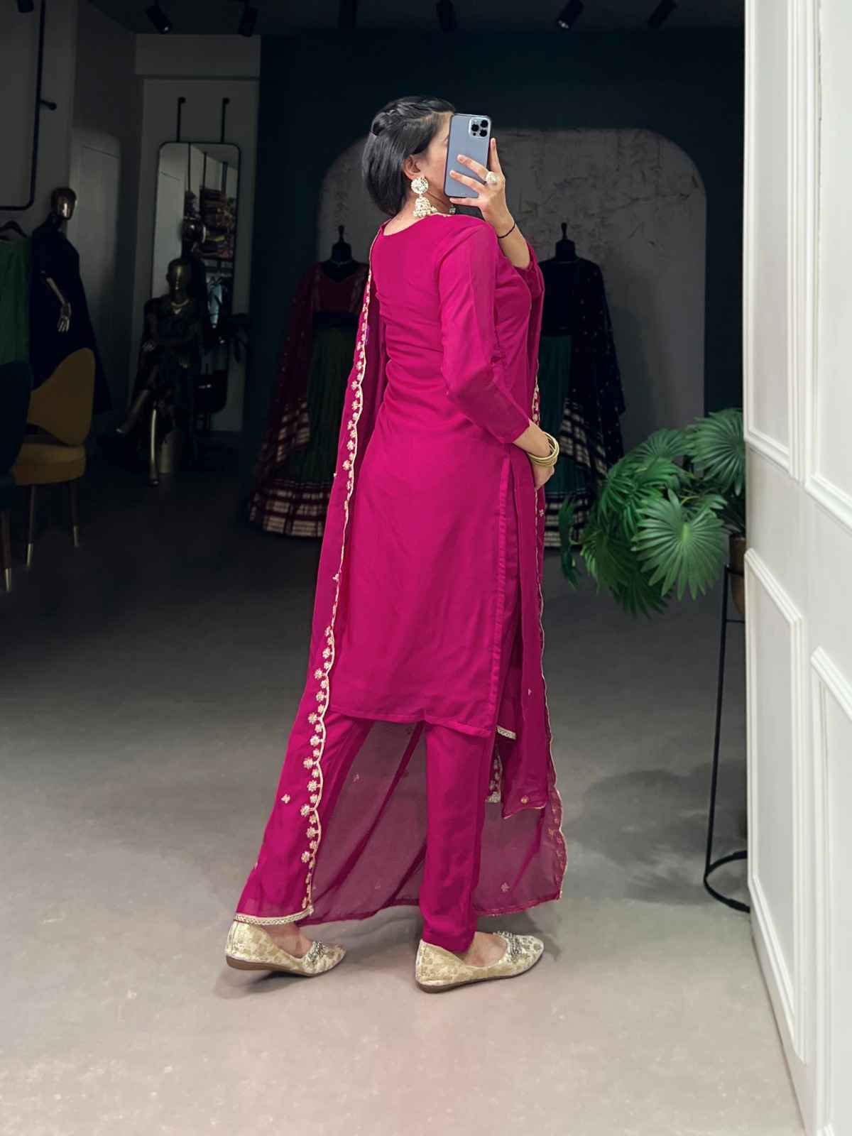 ORGANZA SEQUINS AND THREAD EMBROIDERY WORK KURTI PANT WITH DUPATTA AT WHOLESALE PRICE