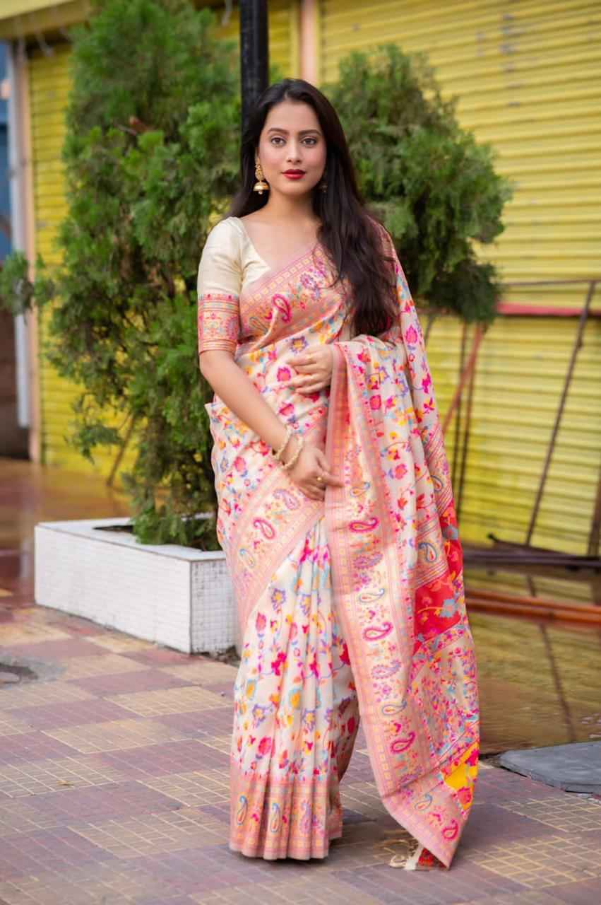 PASMINA KASHMIRI PURE ZARI WEAVING WORK SAREE AT WHOLESALE PRICE